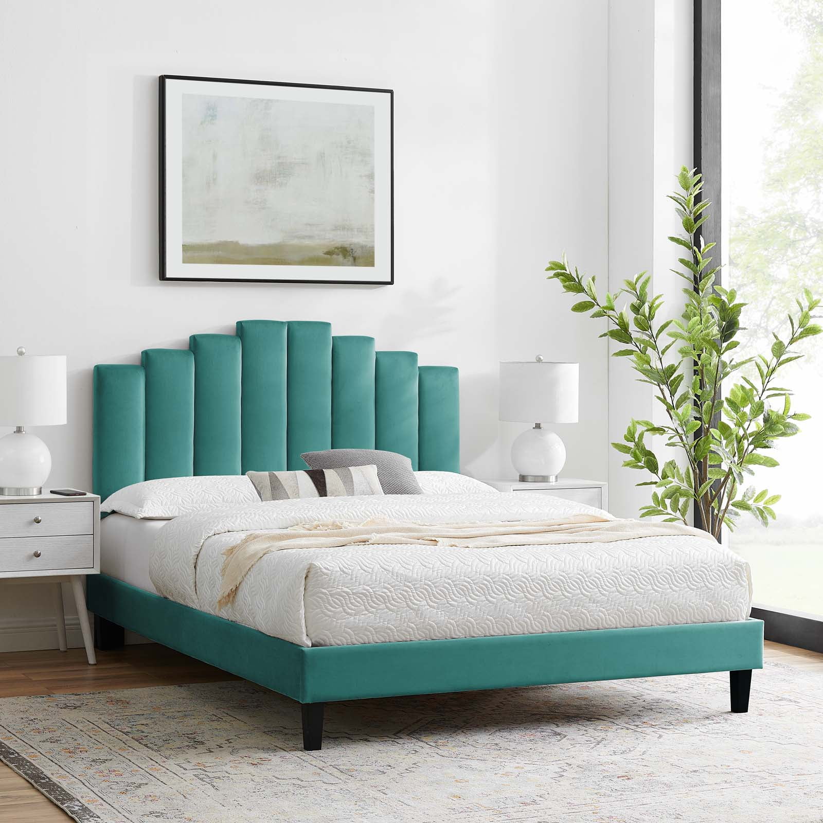 Modway Elise Twin Performance Velvet Platform Bed in Teal