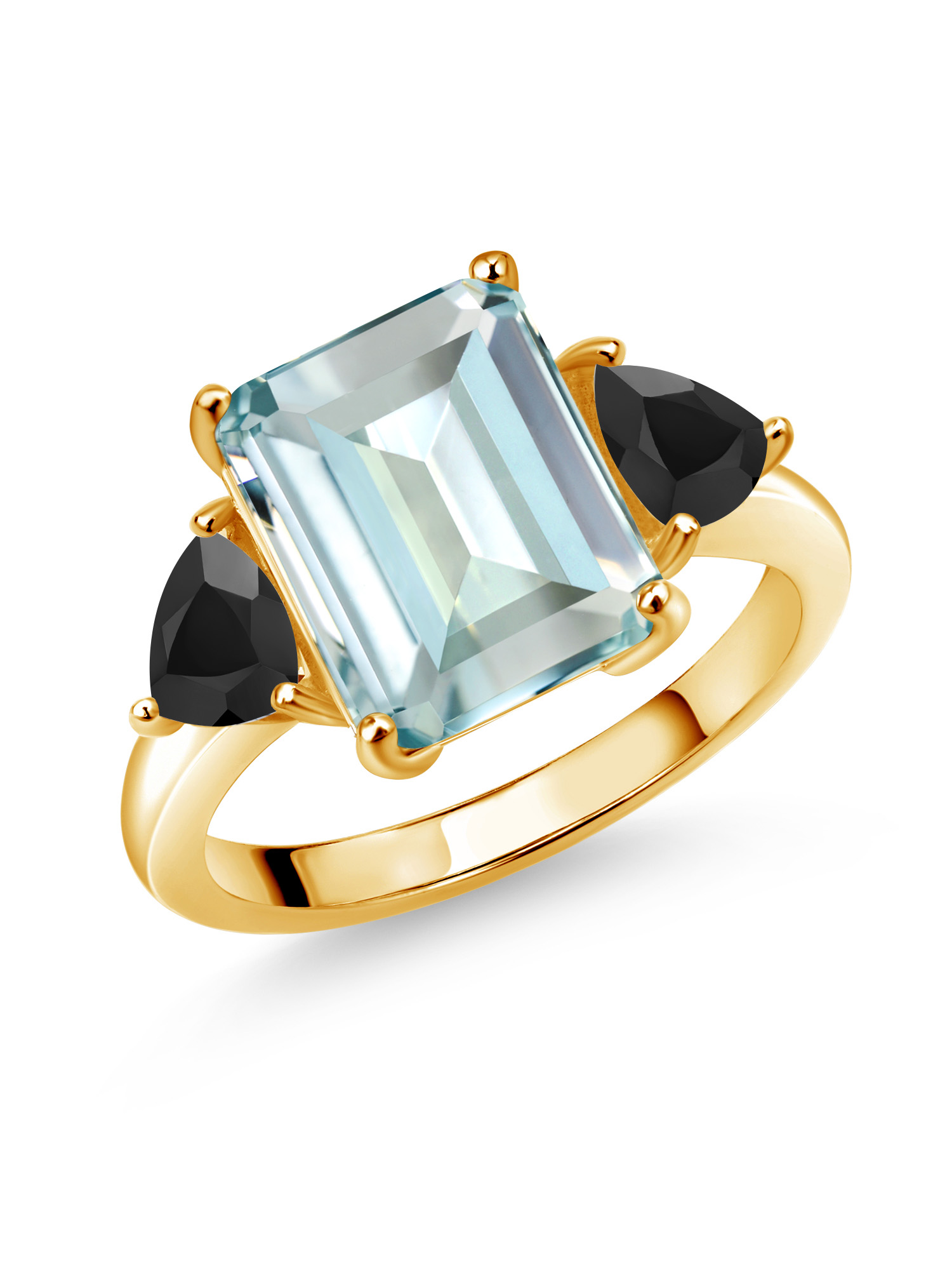 Gem Stone King 18K Yellow Gold Plated Silver Sky Blue Simulated Aquamarine and Black Onyx 3 Stone Ring For Women (6.13 Cttw, Octagon 12X10MM, Trillion 5X5MM, Gemstone March Birthstone, Size 6)