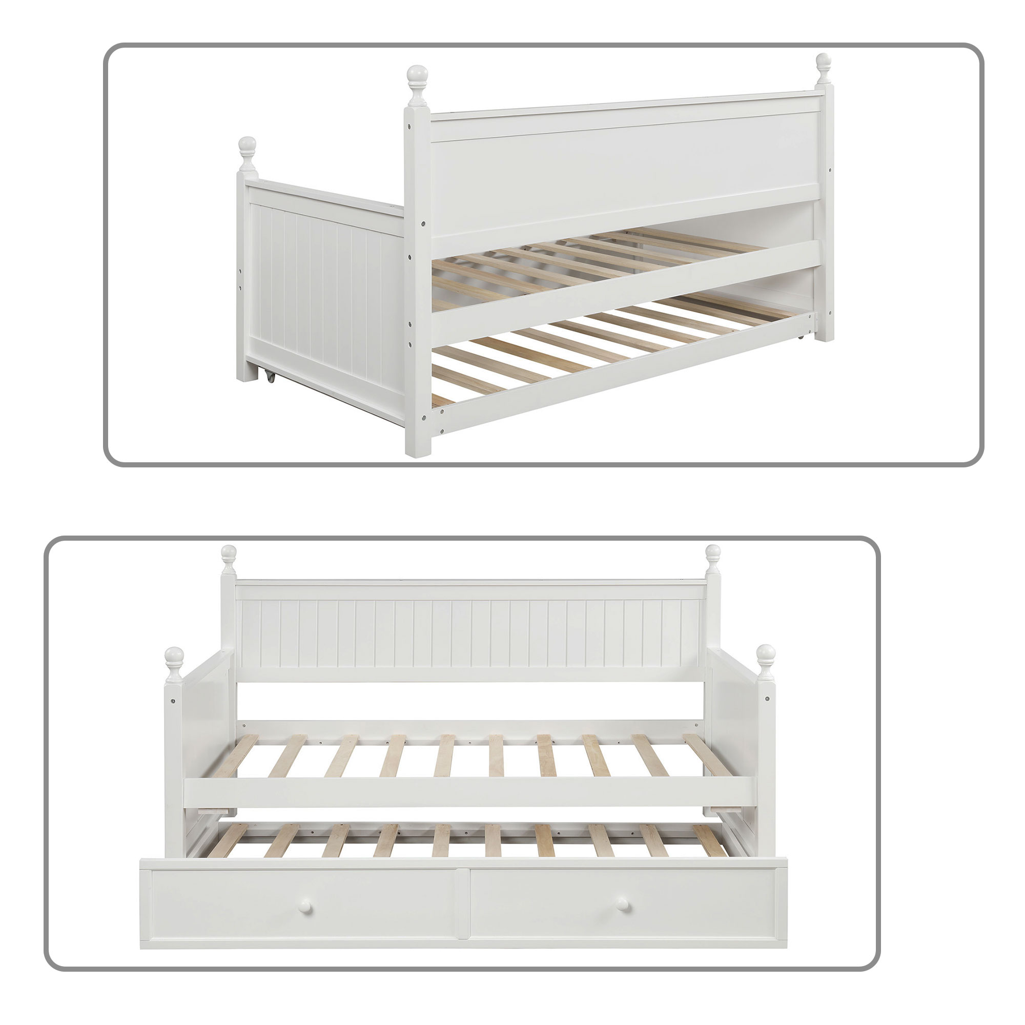 Modern and Classic Style Twin Size Wood Daybed with A Trundle, White