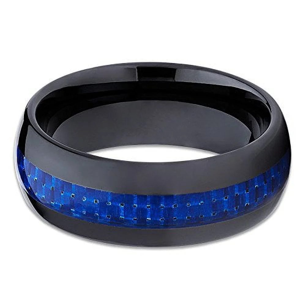 Ceramic Wedding Band Blue Carbon Fiber Ceramic Wedding Ring 8mm Ring Men Women Dome Comfort Fit
