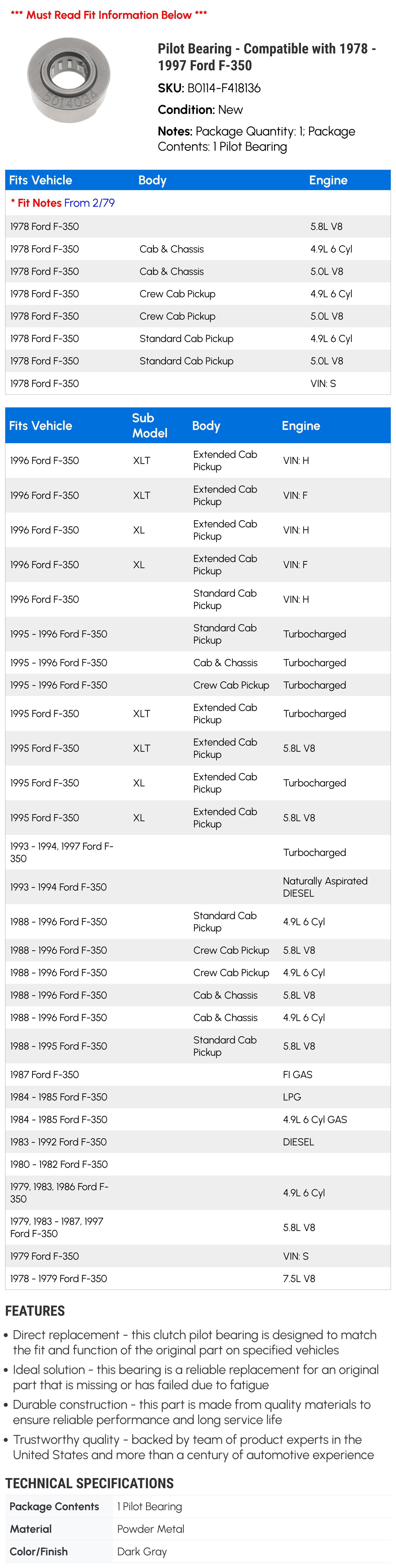 Pilot Bearing - Compatible with 1978 - 1997 Ford F-350 1979 1980 1981 1982 1983 1984 1985 1986 1987 1988 1989 1990 1991 1992 1993 1994 1995 1996