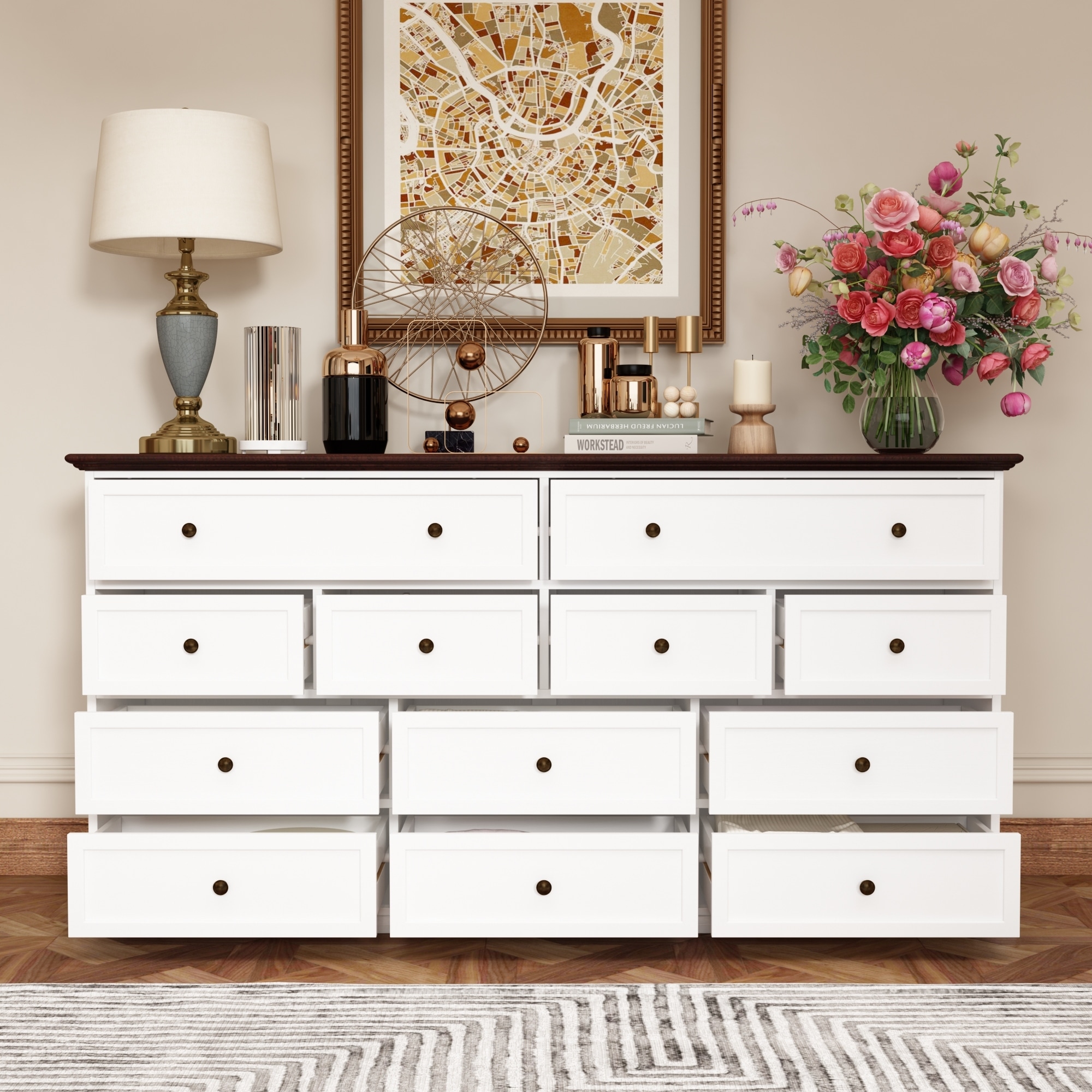 Chic Brown and White Dresser with Ample Storage Space Side Table