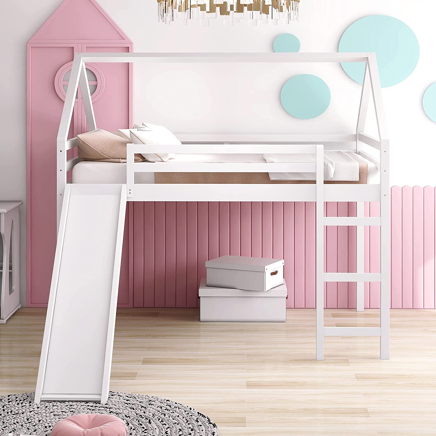 Lof Bed Full Size Wih Slide, Wood Lof Bed Full Wih House Shape Desig, Kids Full Lof Bed Frame For Boys Girls (Whie, Full Size)