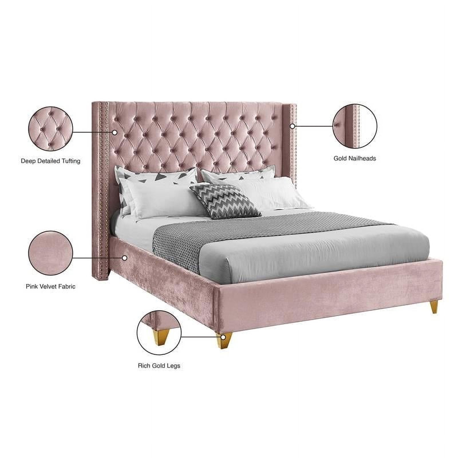 Maklaine Modern Velvet Fabric Upholstered Deep Tufted Queen Bed in Pink
