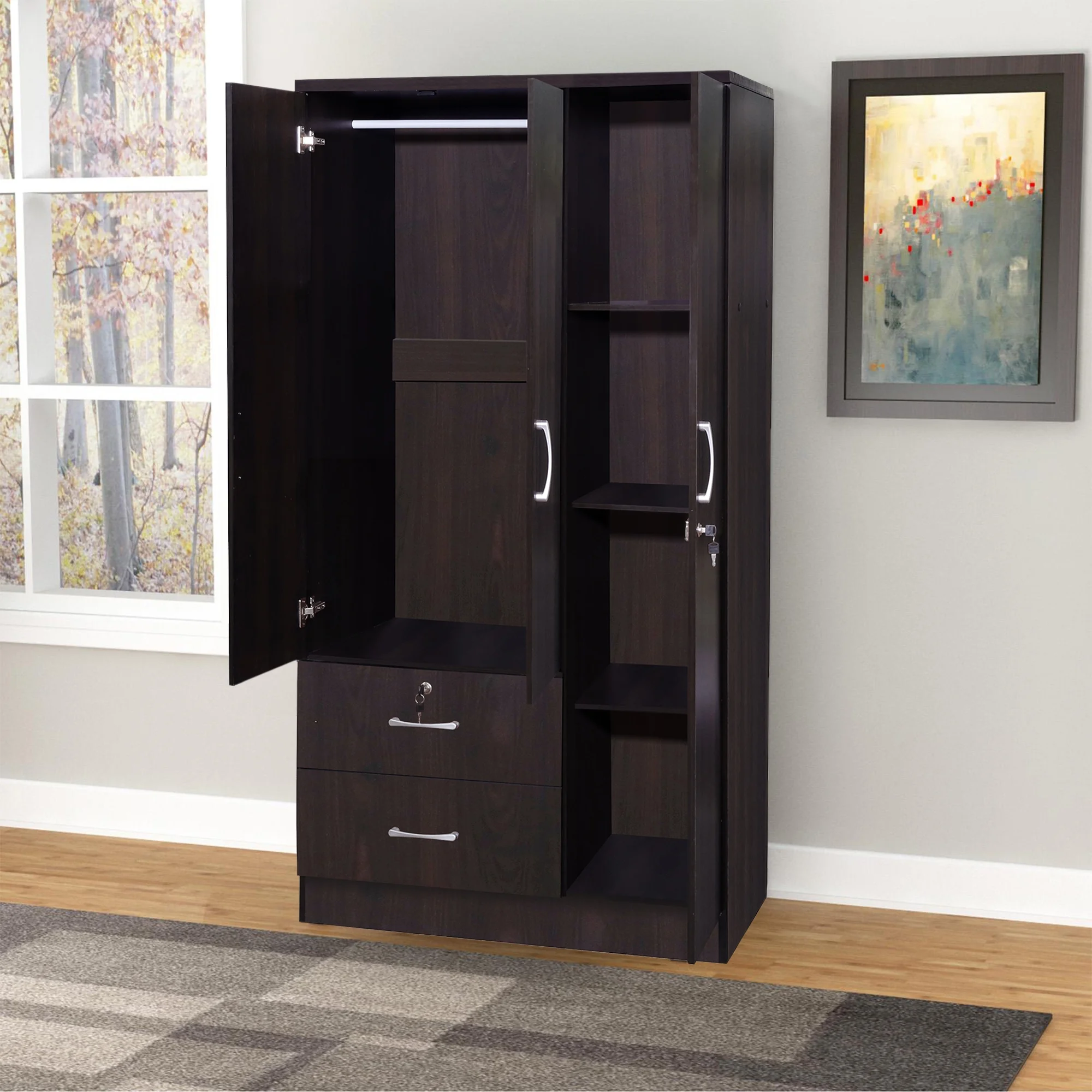 Better Home Products Symphony Wardrobe Armoire Closet with Two Drawers  Tobacco