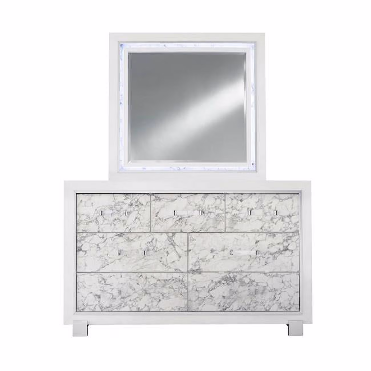 Modern Dresser with 7 Faux Marble Detailed Front Drawer, White