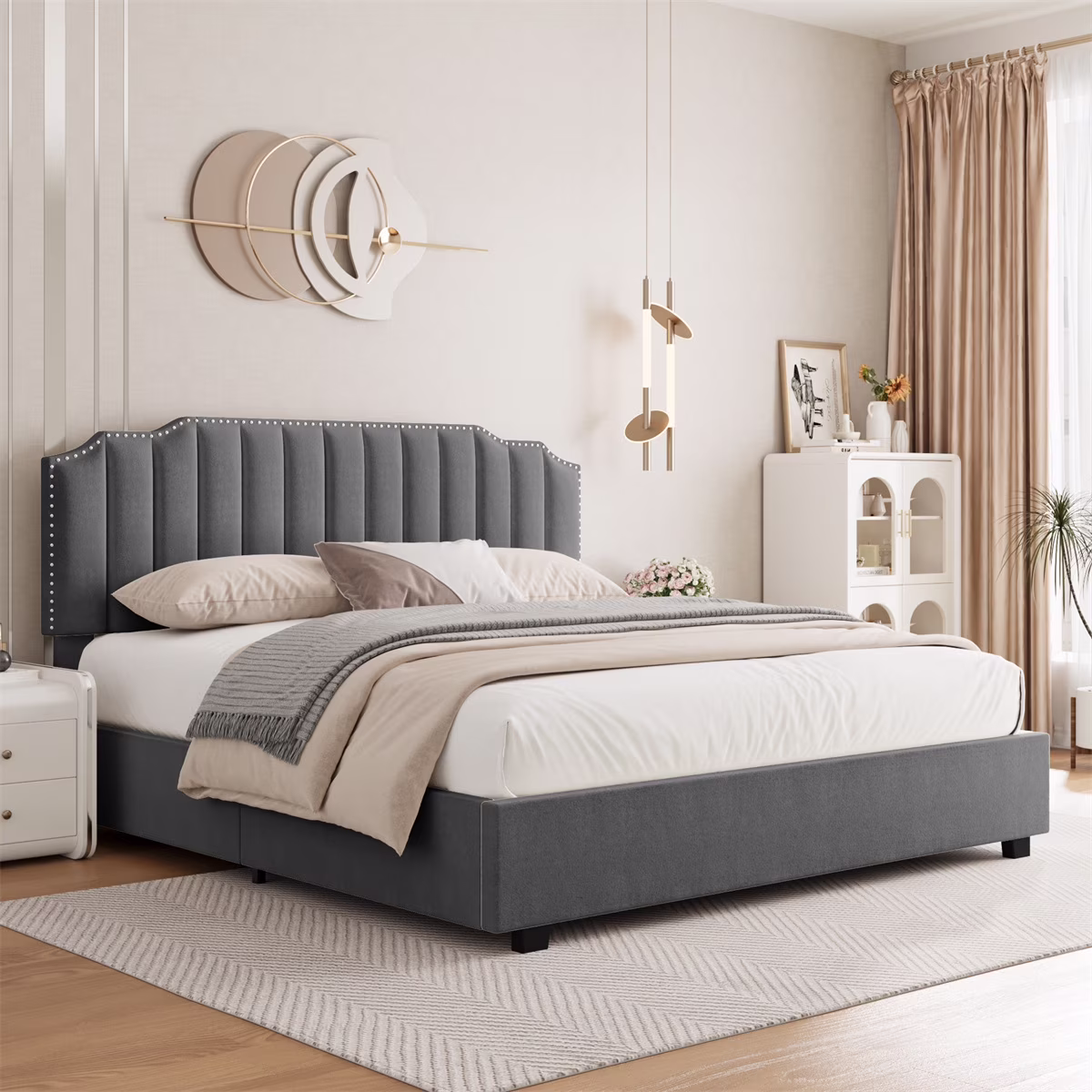 Queen Lift Up Storage Platform Bed with Upholstered Headboard, Wingback & Storage, Adult, Gray