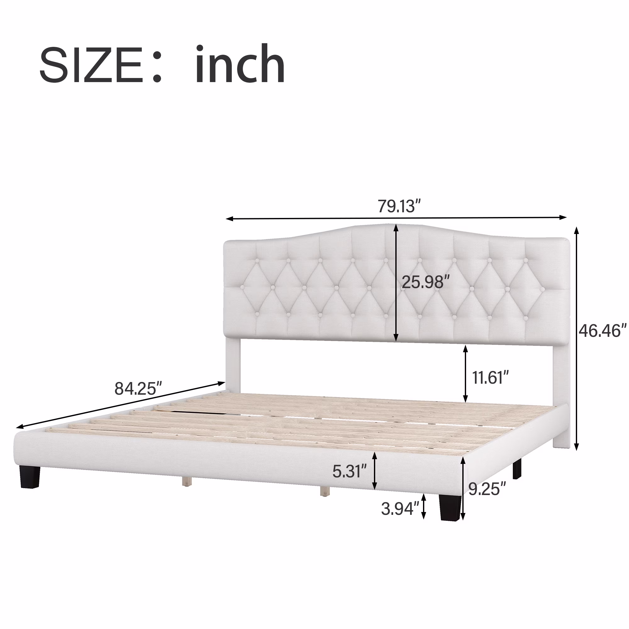 ikayaa Elegant Upholstered Curved Tufted Linen Platform Bed Frame with Diamond Tufted, King, Beige