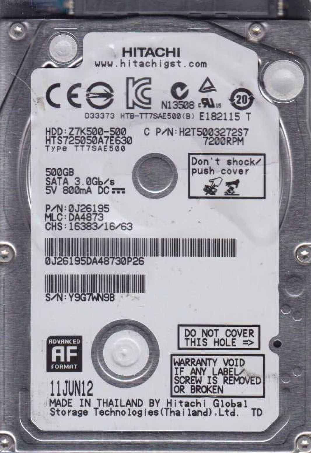 HTS725050A7E630, PN 0J26195, MLC DA4873, Hitachi 500GB SATA 2.5 Hard Drive