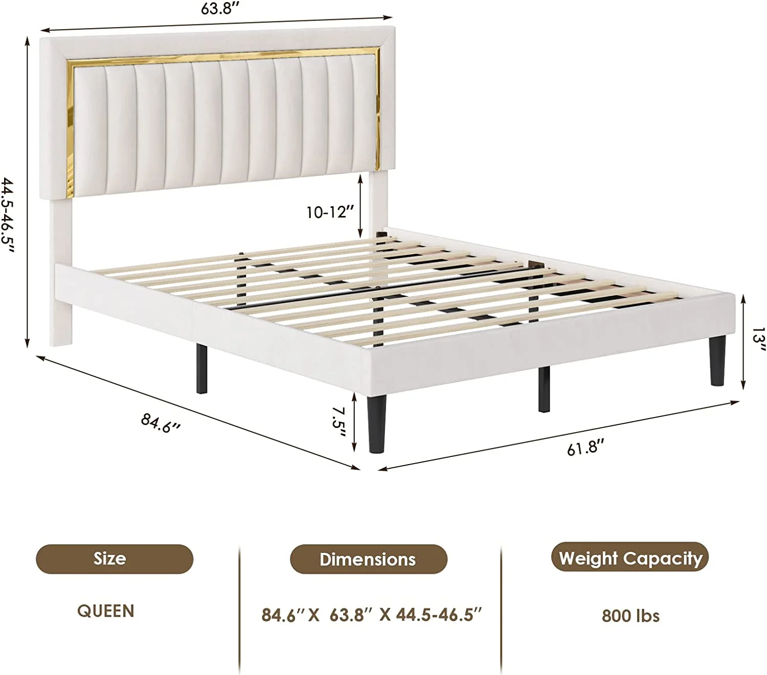 Popular Size Bed Frame with Adjustable Tufted Headboard  Velvet Upholstered Platform Bed Frame with Gold Trim  Heavy Duty Mattress Foundation with Steel Frame  Easy-Assembly Slats (Beige