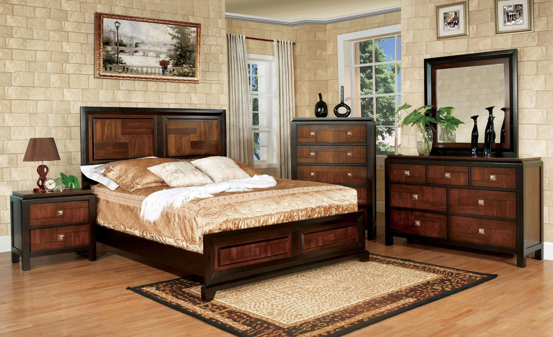 Acacia & Walnut Solid Wood King Bedroom Set 6pcs FOA CM7152-EK Patra