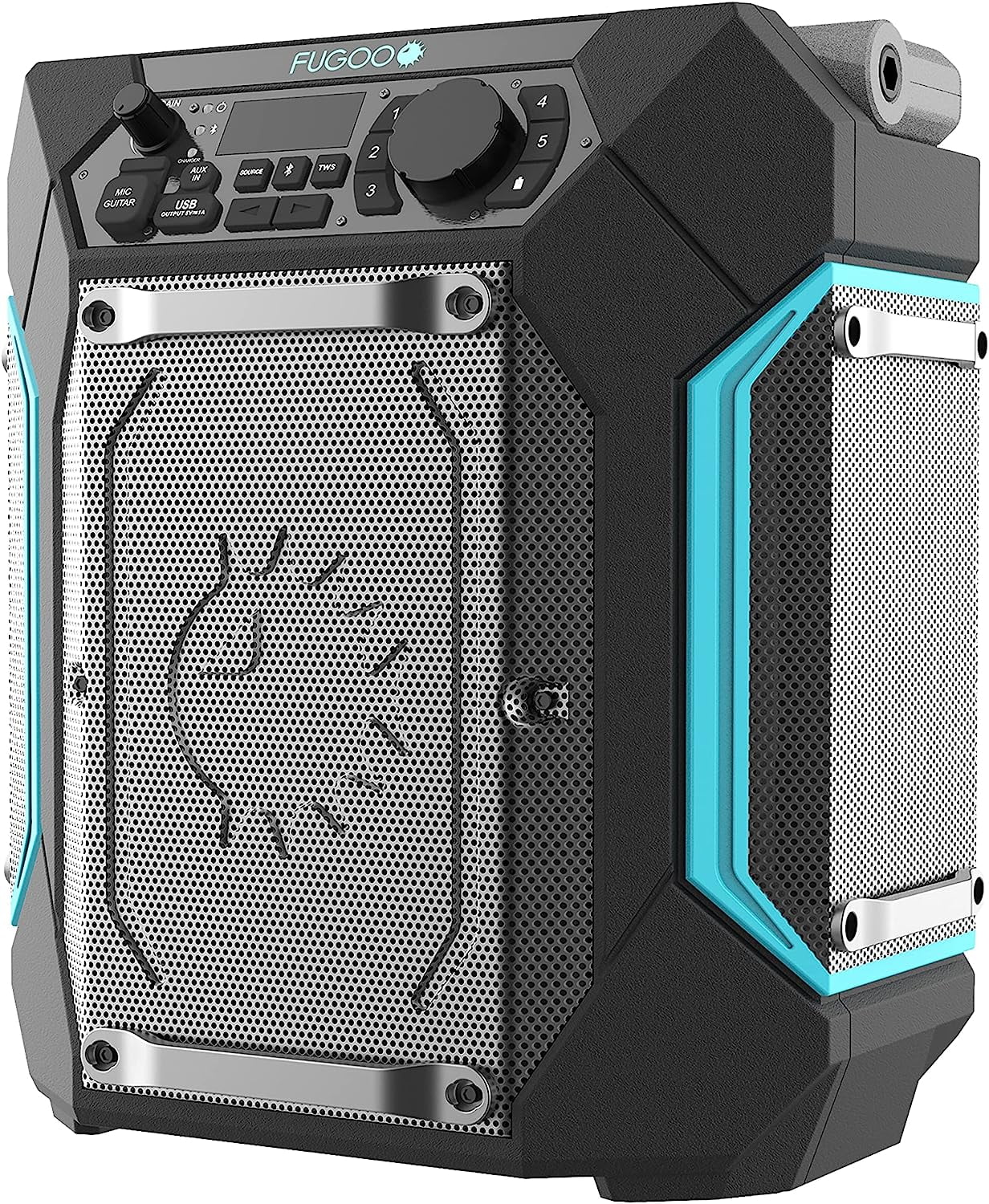 Fugoo Traveler | Portable Indoor/Outdoor Bluetooth Speaker | 100W, 7-Inch Sub, 48 Hour Playtime | 270 Degree Audio | IPX4 Water Resistant | Use As PA System - Mic/Guitar Input & USB Port