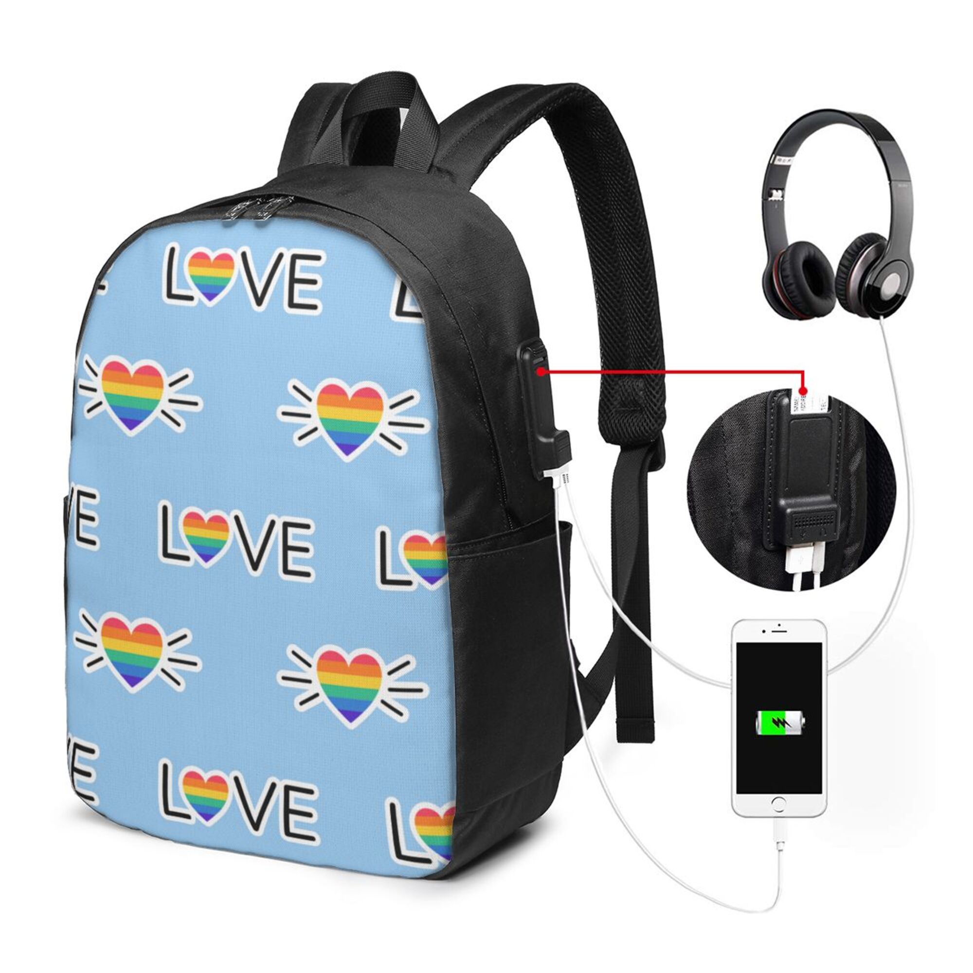TEQUAN Travel Laptop Backpack, Rainbow LGBT Heart and Love Prints Outdoor Hiking Bag School Bookbag Casual Lightweight Daypack