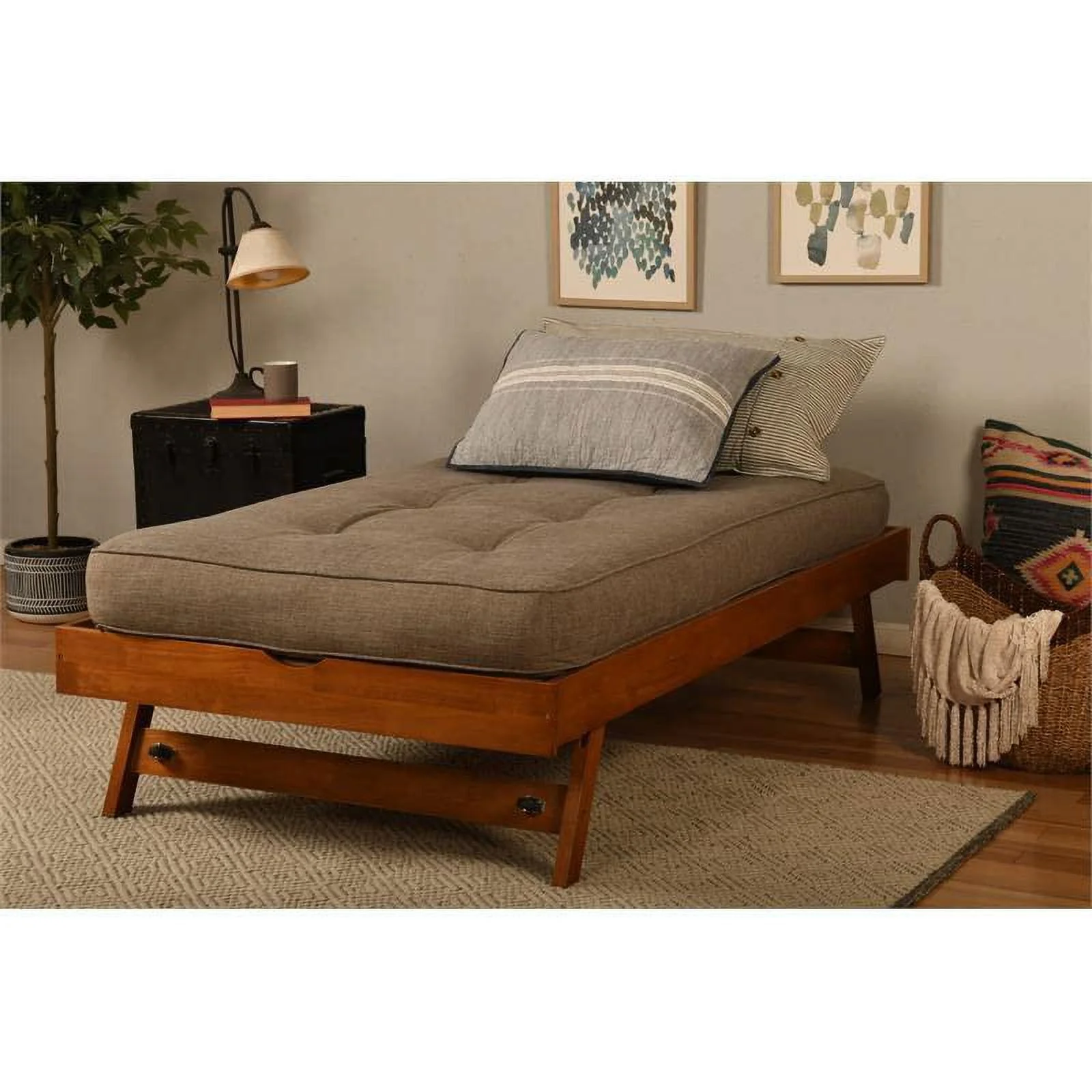 Kodiak Furniture Boho Wood Pop Up Bed in Barbados Brown w/ Linen Stone Mattress