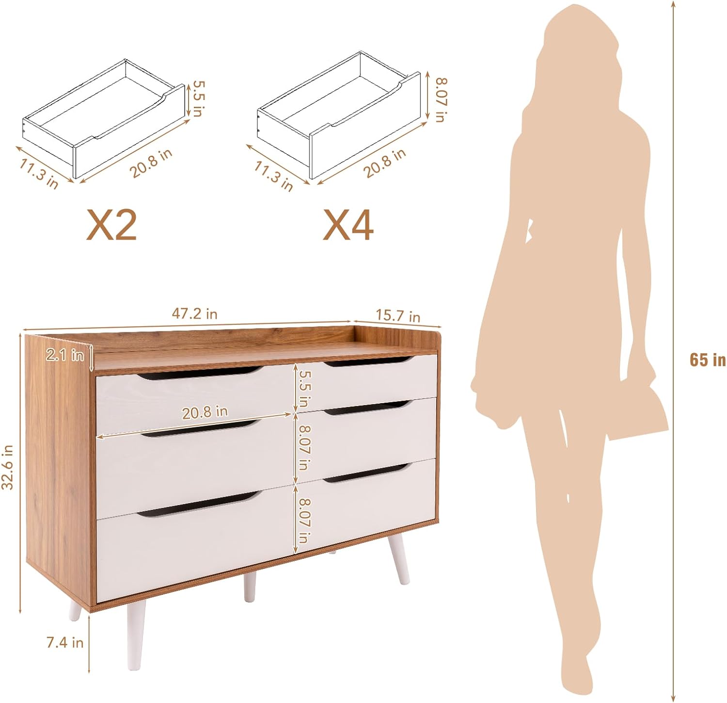 Wooden Double Dresser 6 Drawers Chest Bedroom Storage Furniture Brown and White