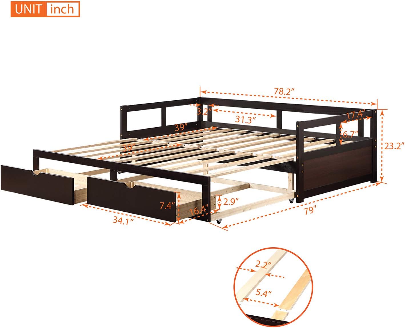 Daybed With Trundle Bed And 2 Storage Drawers, Sofa Bed, 78.2