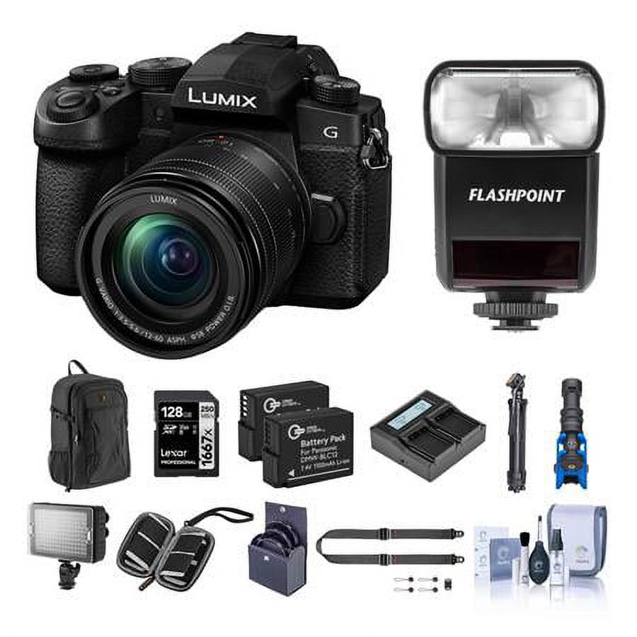 Lumix G95 Mirrorless Camera with Lumix G Vario 12-60mm f/3.5-5.6 MFT Lens Bundle with TTL Flash, 128GB SD Card, Backpack, Extra Battery, Charger, Tripod, Strap, Mic, and Accessories