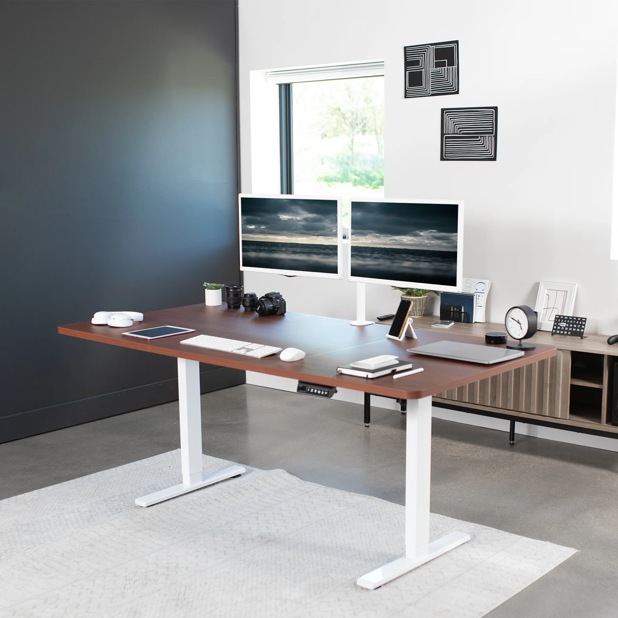 VIVO Electric 71” x 36” Stand Up Desk, Dark Walnut Table Top, White Frame