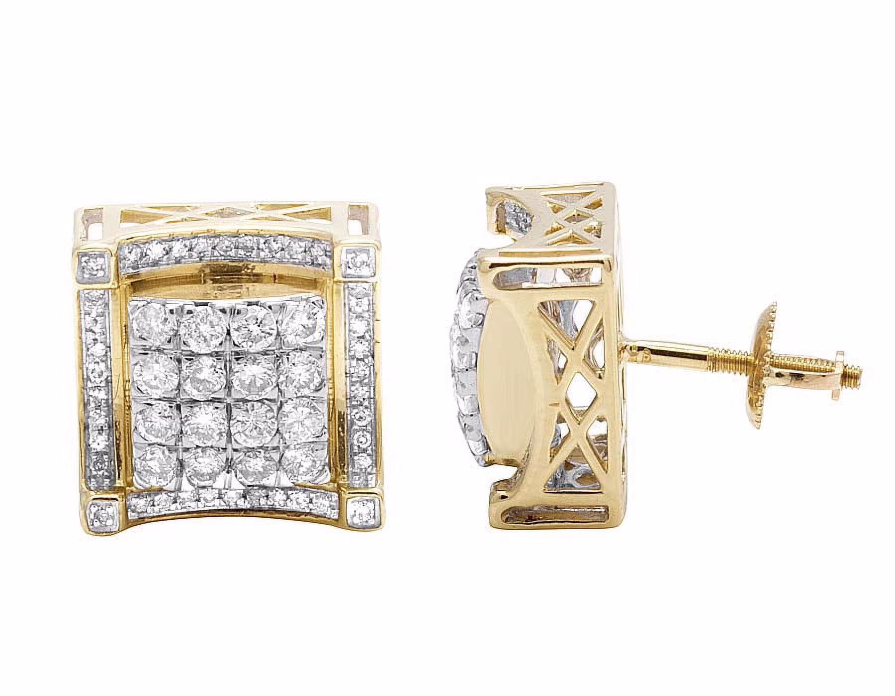 10K Yellow Gold Genuine Diamond Square 3D Stud Earrings 1.4Ct 12MM