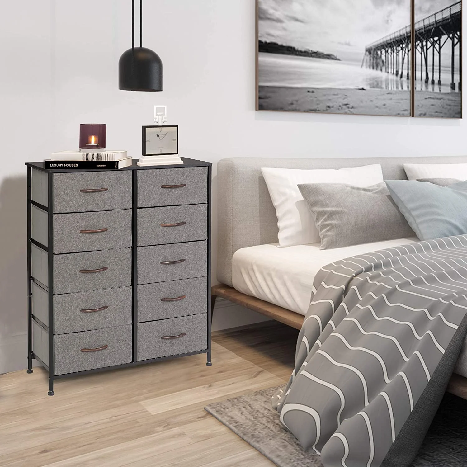 Dresser for Bedroom Chest of 10 Drawers Storage Tower Steel Frame Closet Fabric Cabinet Organizer in Home Gray