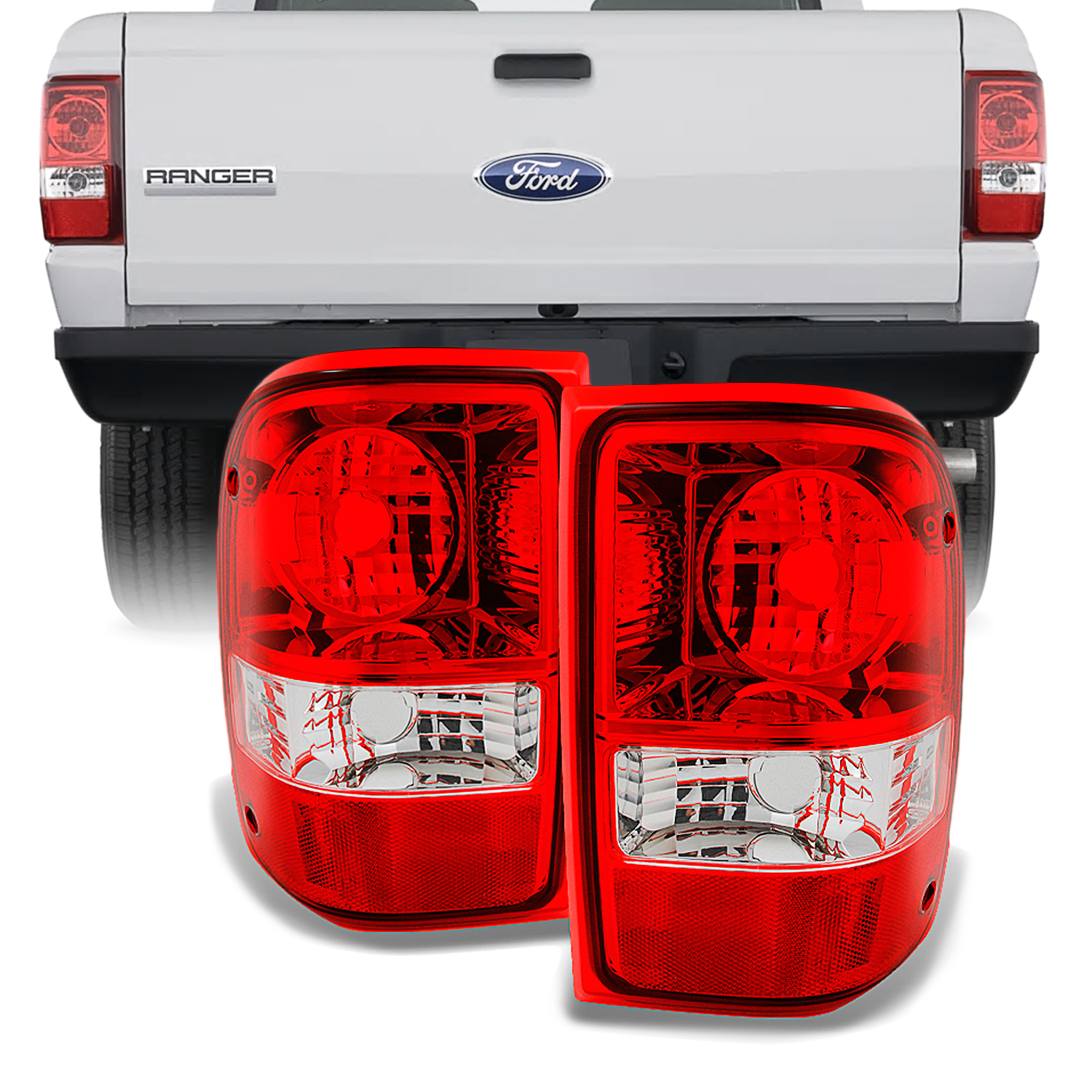 AKKON - For Ford Ranger Pickup Truck Red Clear Rear Tail Lights Brake Lamps Turn Signal Replacement Left+Right