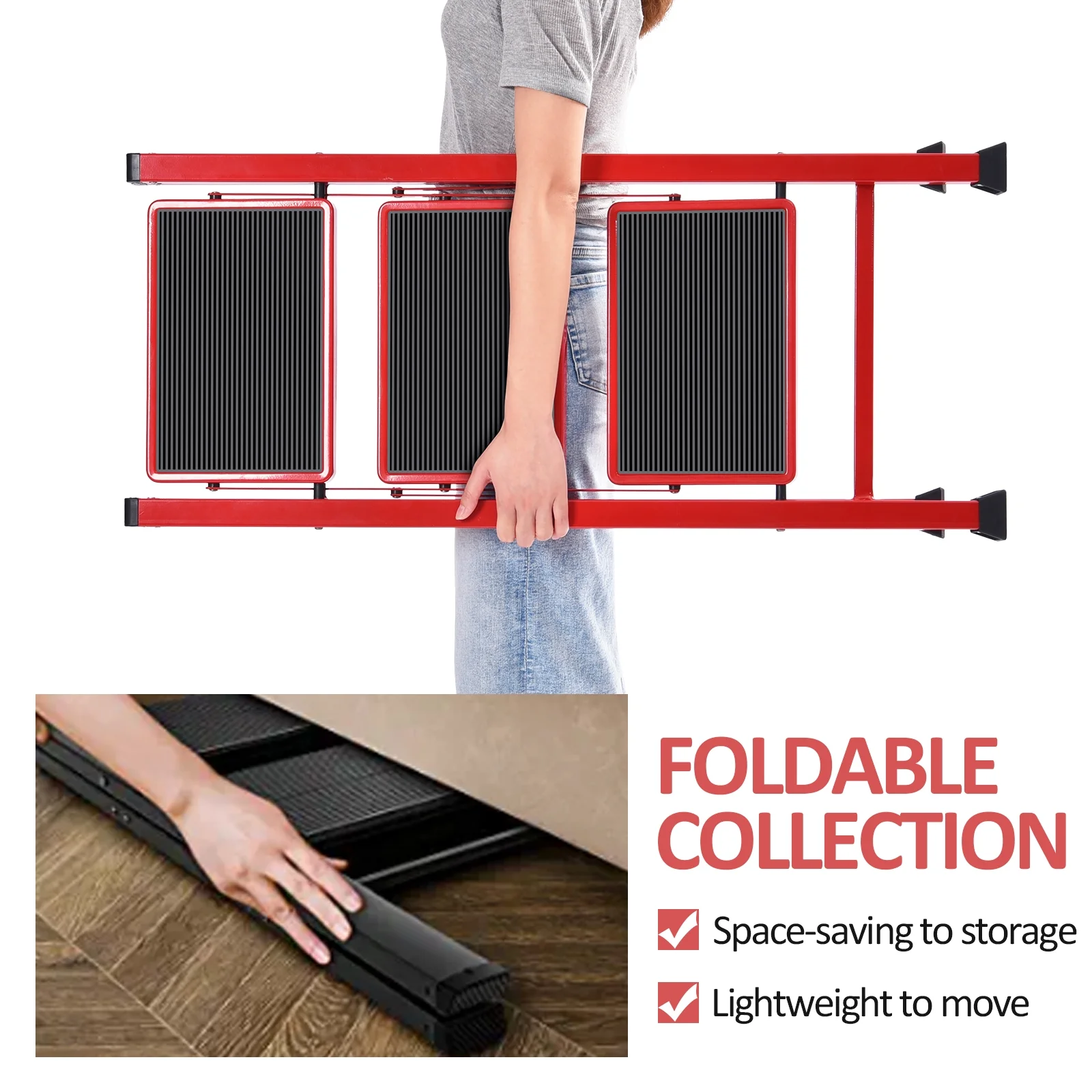 Kingrack 3-Step Stool, Household Folding Non-Slip Step Ladder, Collapsible Stool for Adults, 330lbs Capacity (Red)