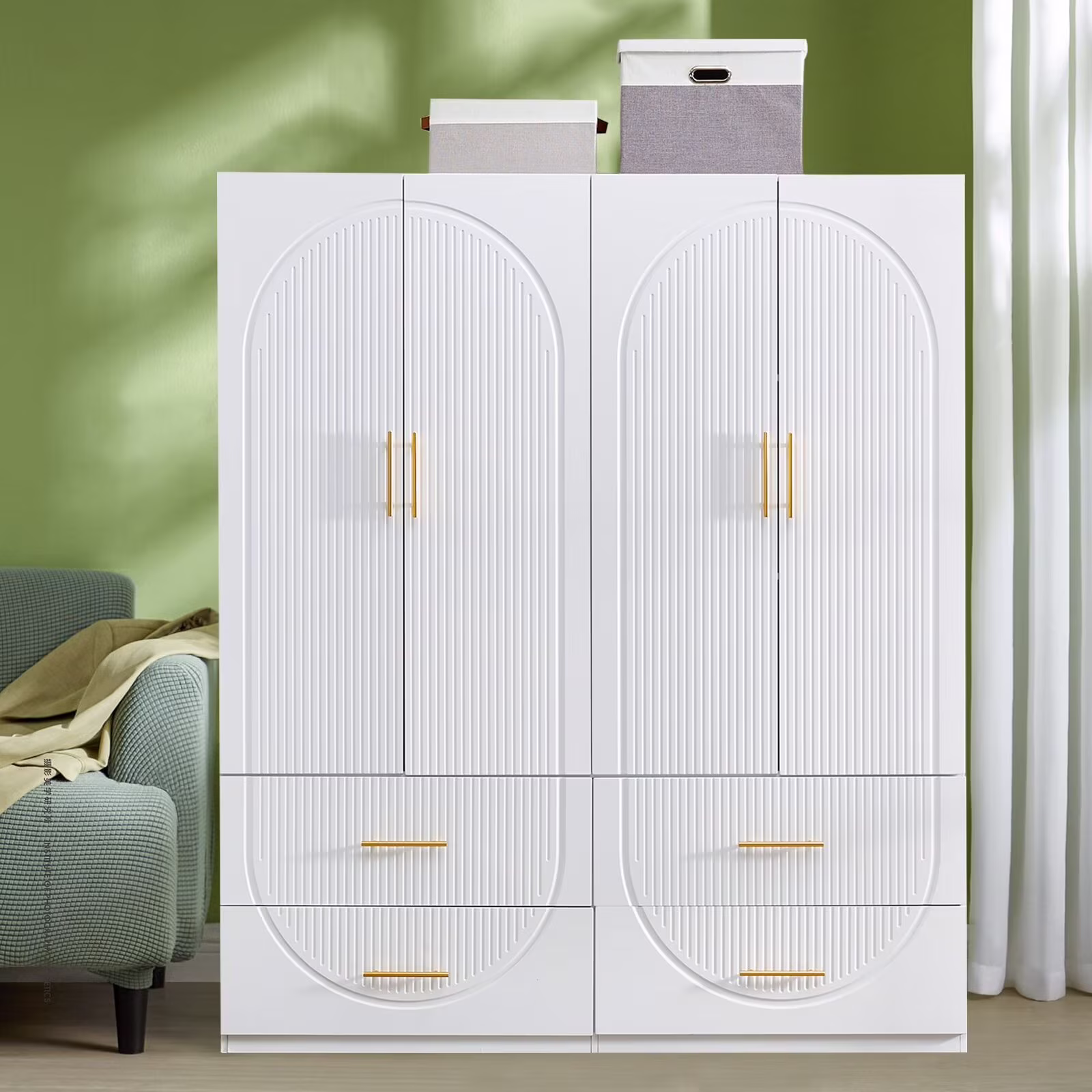 ModMakers 4-Door Wardrobe Armoire Closet | Freestanding Wardrobe Storage Wood Armoire Wardrobe Cabinet w/ Hanging Rods & 4 Drawers, White