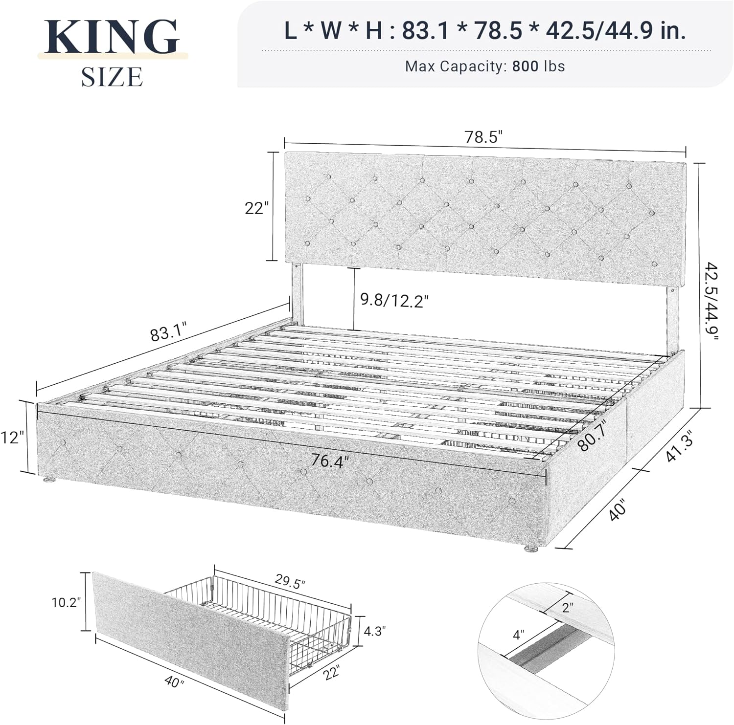 OUWI Upholstered King Size Platform Bed Frame with 4 Storage Drawers and Headboard, Diamond Stitched Button Tufted, Mattress Foundation with Wooden Slats Support, No Box Spring Needed, Dark Grey