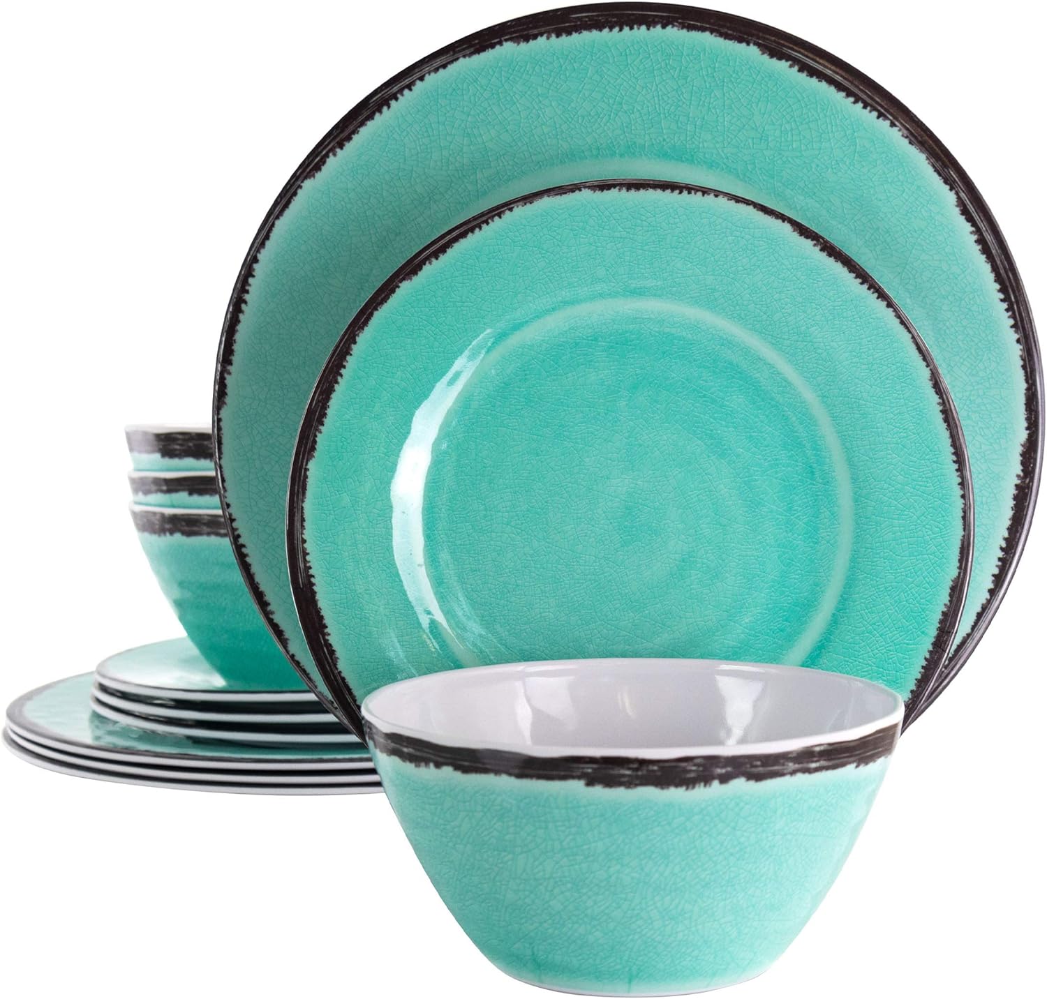 Lightweight Dinnerware Set, 12 Piece, Turquoise And Dark Trim