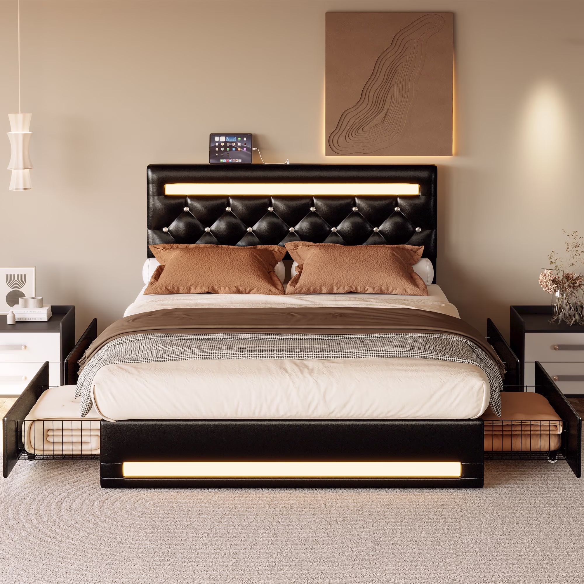 LIKIMIO Queen Bed Frame with LED Light,PU Leather Platform Bed,Charging Station, 4 Storage Drawers,Adjustable Crystal Button Tufted Headboard, No Box Spring Needed, Black
