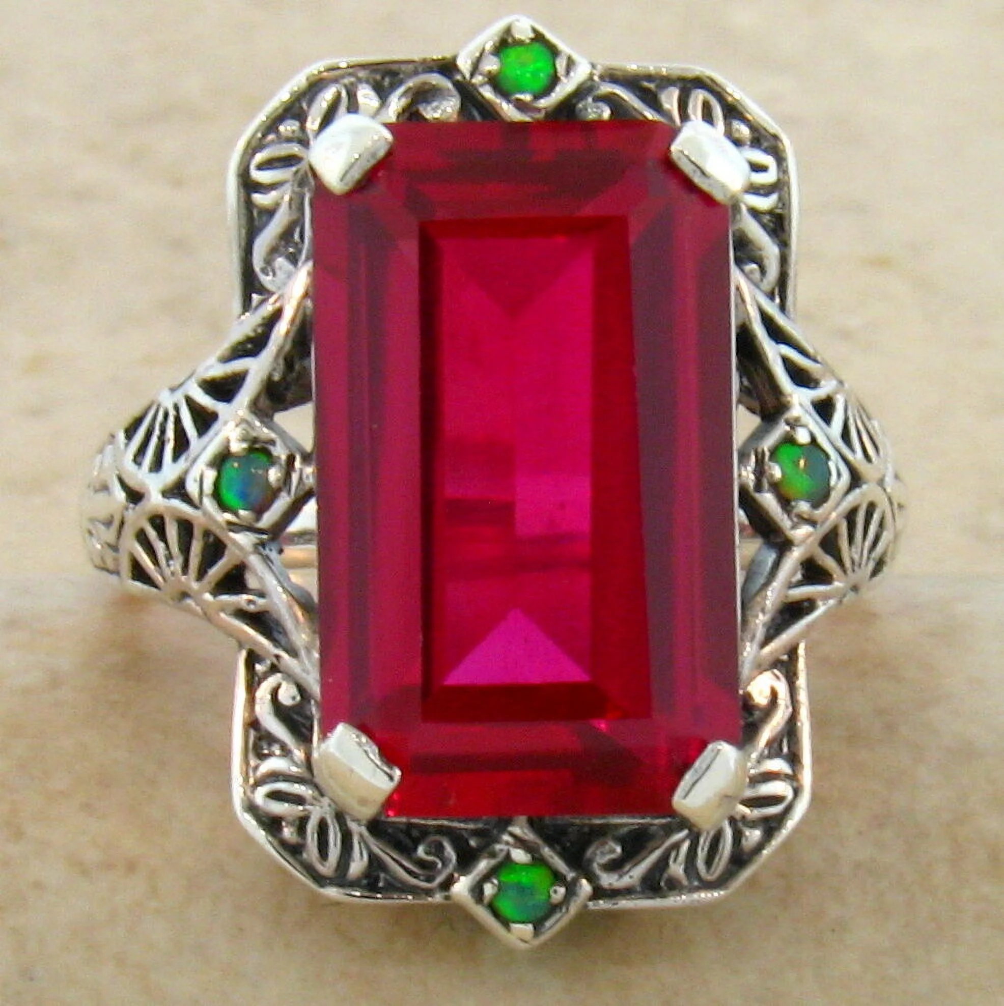 ART DECO STYLE 925 STERLING SILVER 9 CARAT VIVID RED LAB RUBY & OPAL RING    #479