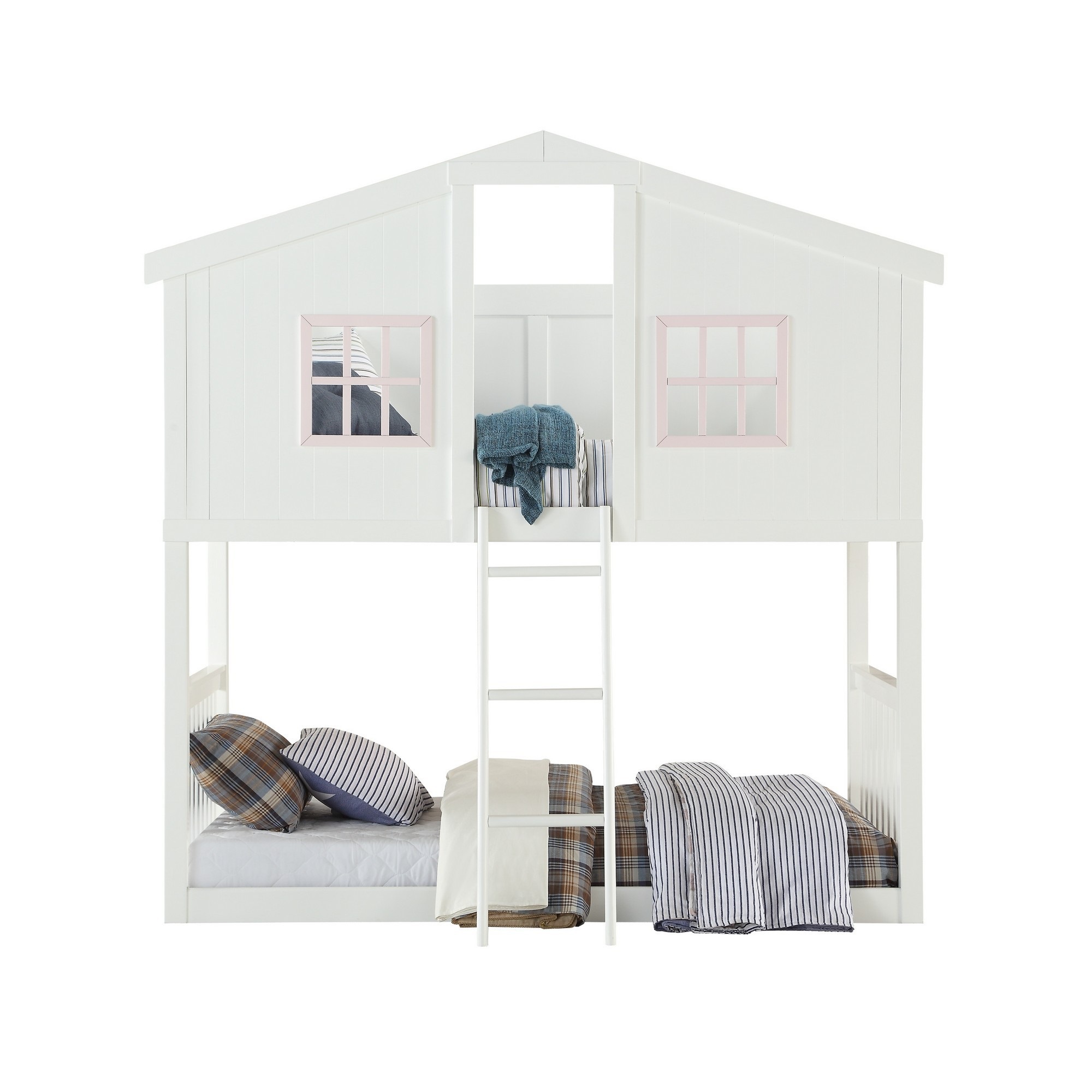 Benjara Twin Over Twin Bunk Bed with House Shape, White