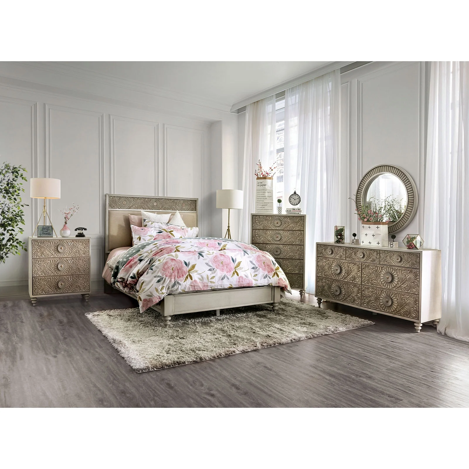 Formal Transitional Antique White Queen Size Bed Dresser Mirror 3 Drawers Nightstand 4pc Bedroom Set Beige Fabric HB