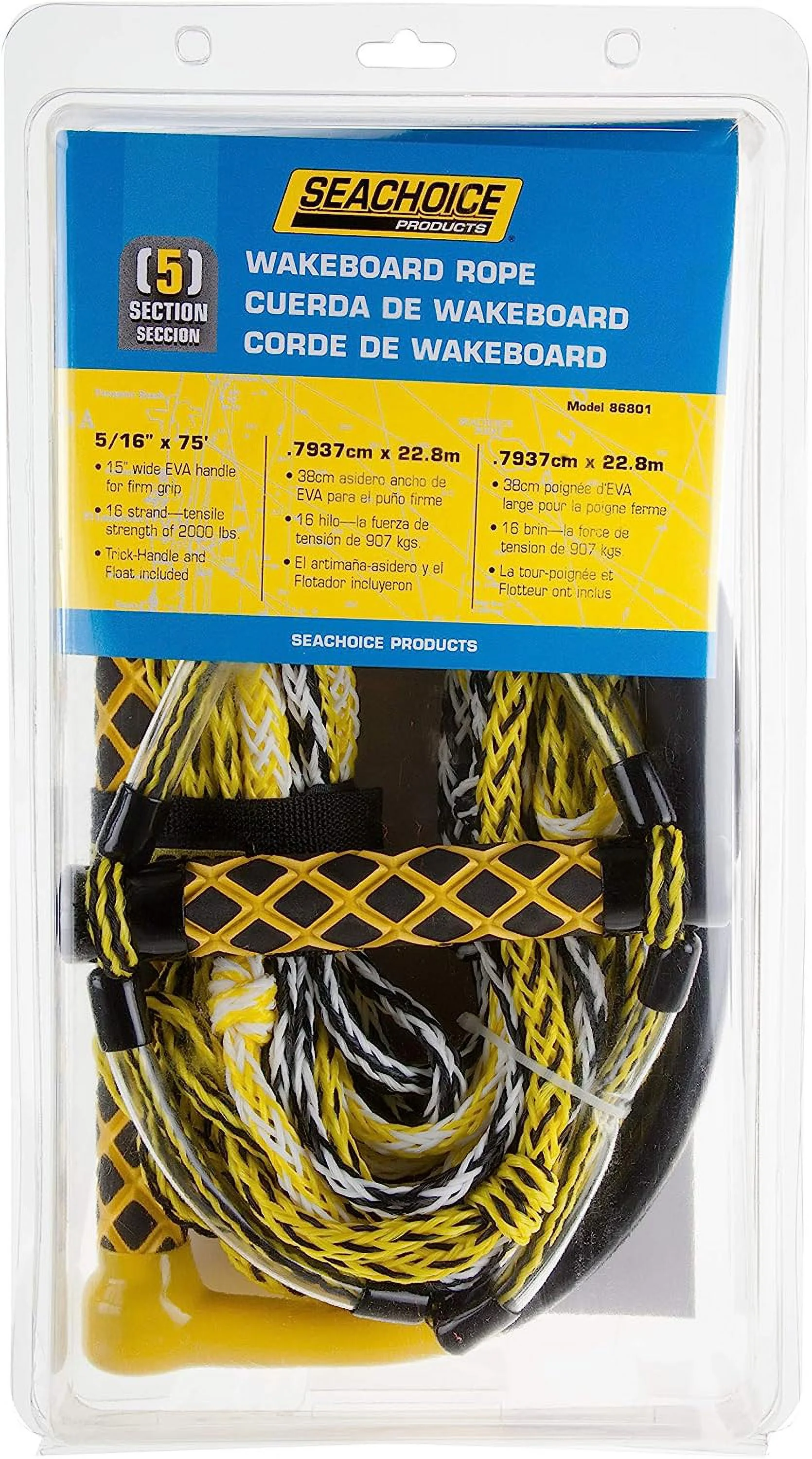 Seachoice 5-Section Wakeboard Rope, 75 Ft. Long, 15 In. Handle w/ Textured EVA Grip, 6 In. Trick Handle