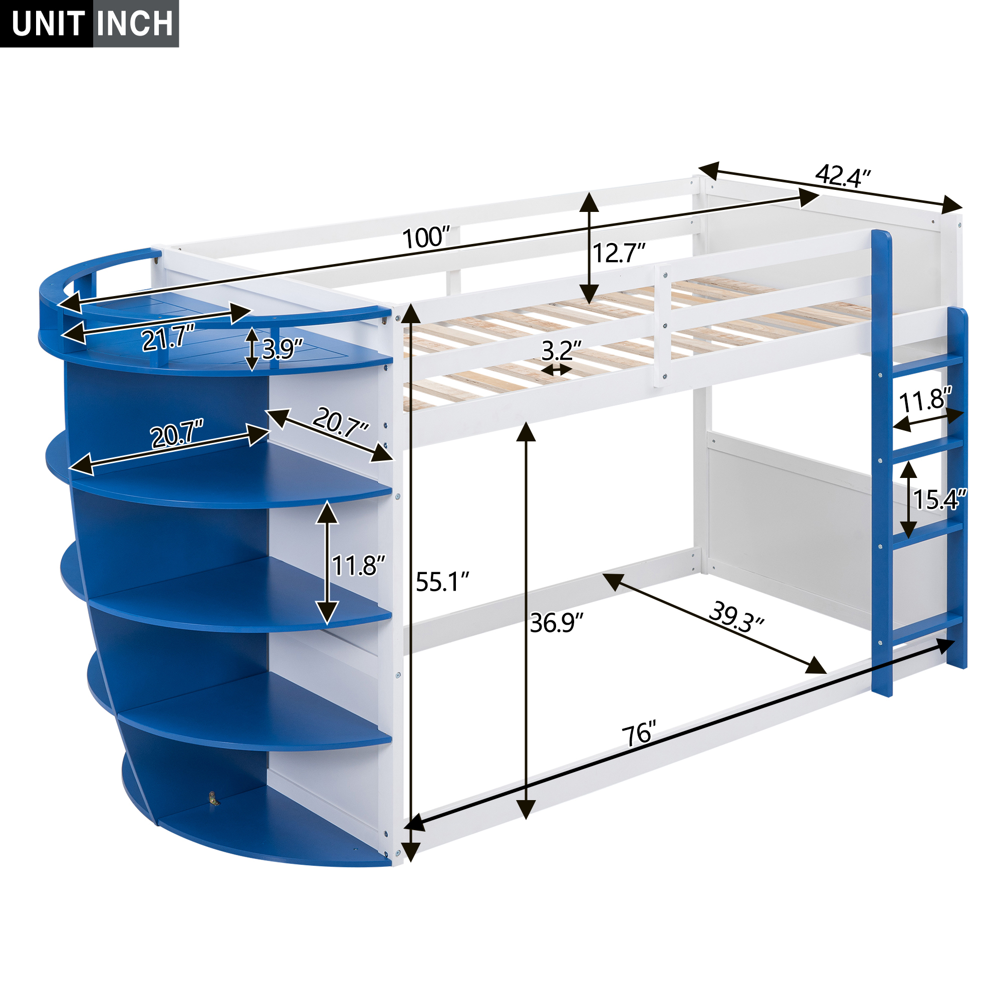 Nestfair Blue Twin over Twin Boat-Like Shape Bunk Bed with Shelves
