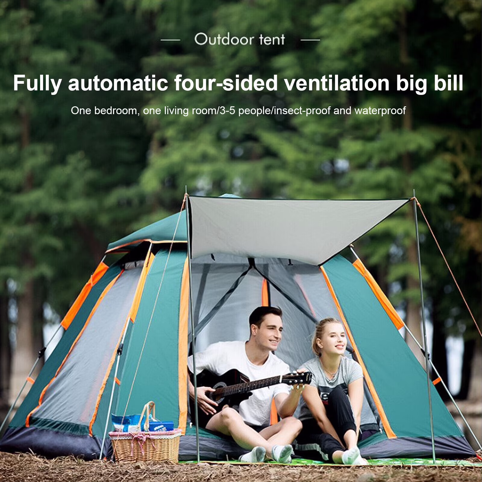 SHANNA Camping Tent 3-4 Person Family Tents with Shelter, Automatic Pop Up Tent Portable Instant Tent Waterproof Windproof for Camping, Traveling, Hiking, Outdoor, Green