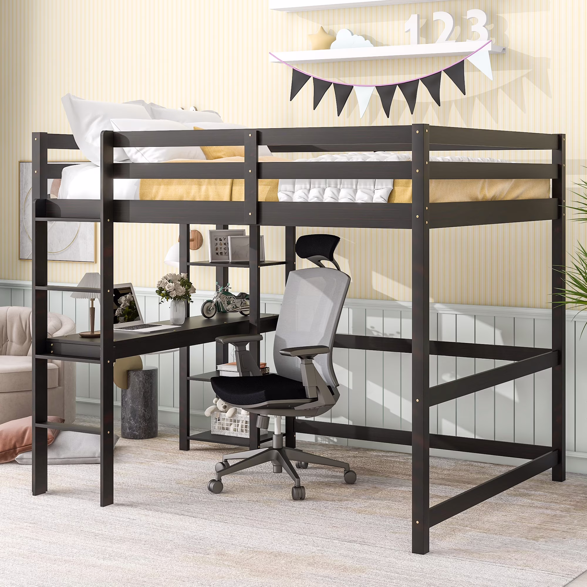 Pouseayar Full Size Loft Bed with Desk & Storage Shelves for Kids, Teens, Adults,Espresso