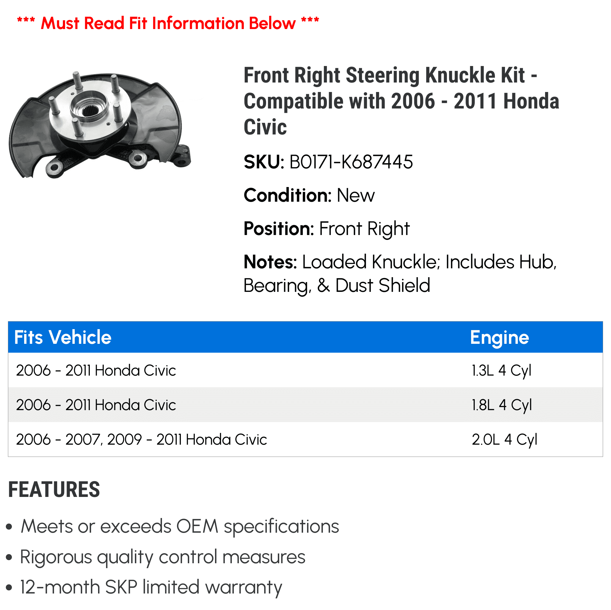 Front Right Steering Knuckle Kit - Compatible with 2006 - 2011 Honda Civic 2007 2008 2009 2010