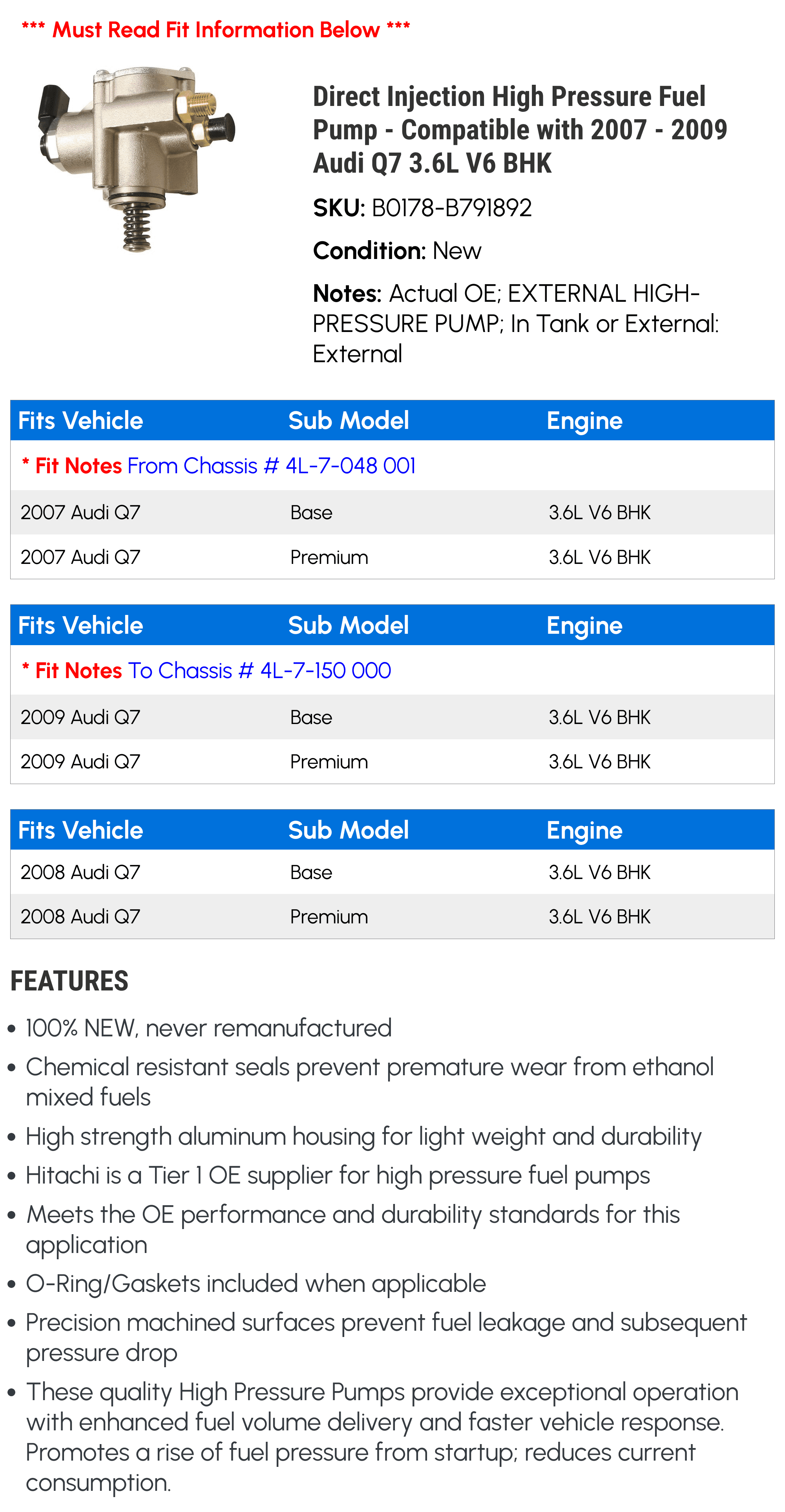 Direct Injection High Pressure Fuel Pump - Compatible with 2007 - 2009 Audi Q7 3.6L V6 BHK 2008