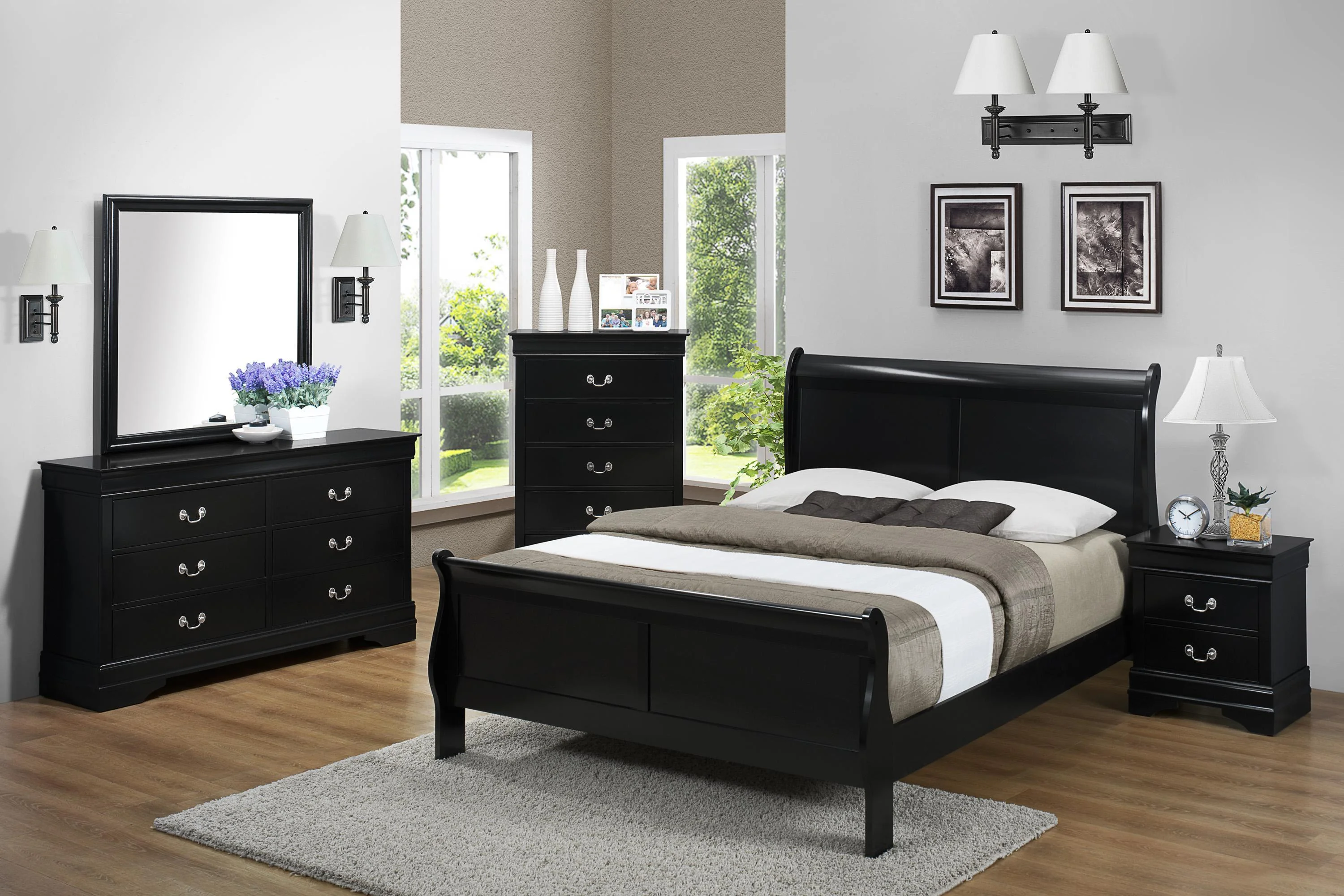 5pc Contemporary Louis Philip King Panel Bed Set Dresser Mirror Nightstand Wooden Bedroom Furniture Black Finish