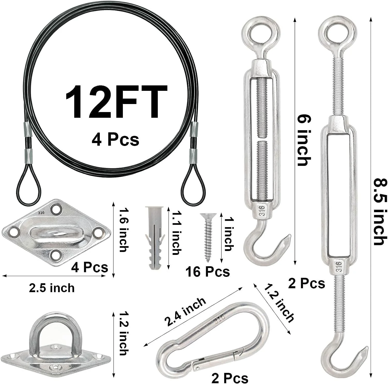 Upgrade 48 PCS T316 6 Inch Hardware Kit for Square & Rectangle Sun Shade Sail Canopy Awning Installation Installation Complete Set 48 Ft (12'x4) Extension Cable Wire Rope 316 Stainless Steel Anti Rust