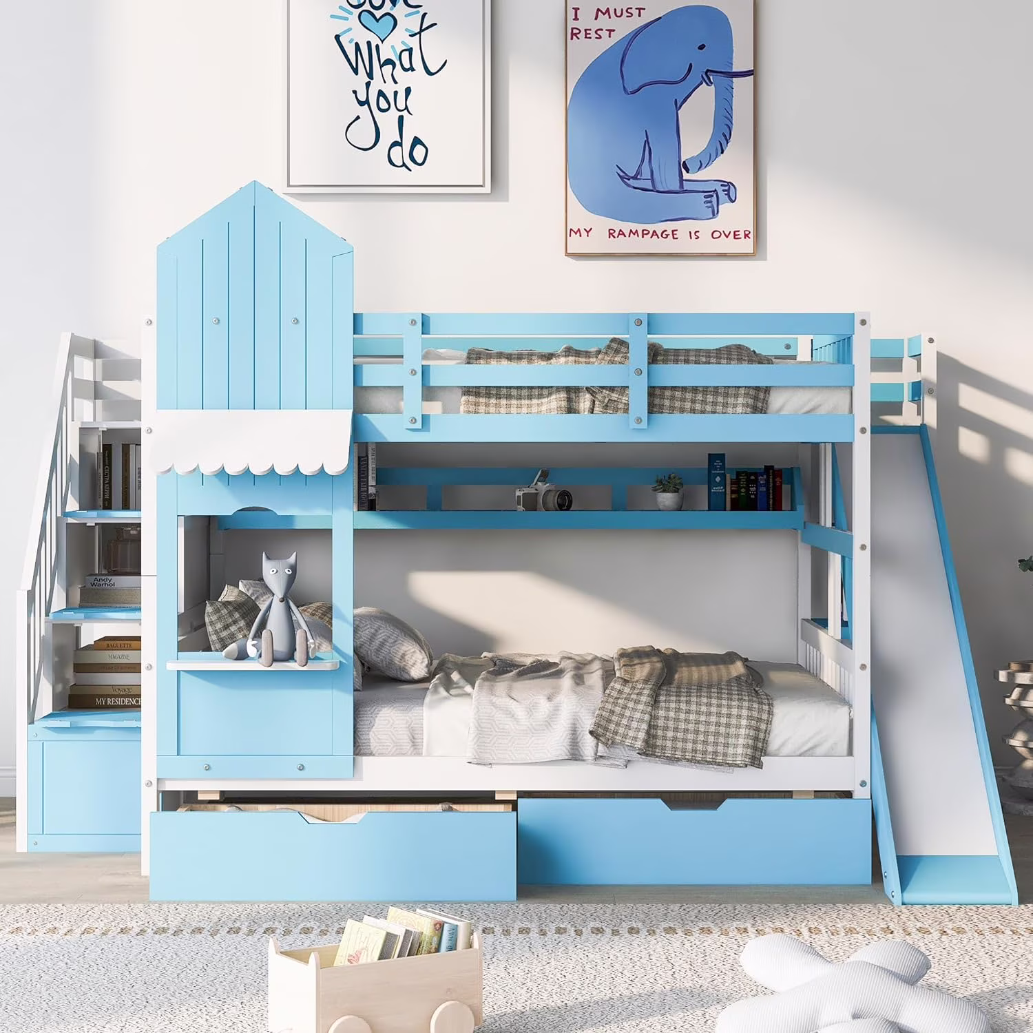Castle Bunk Bed Full Over Full,Wooden Bunk Beds With Slide And Storage Stairs,Space Saving Full Bunk Bed With 2 Drawers And 3 Shelves,Kids Bunk Bed For Girls Boys, Blue