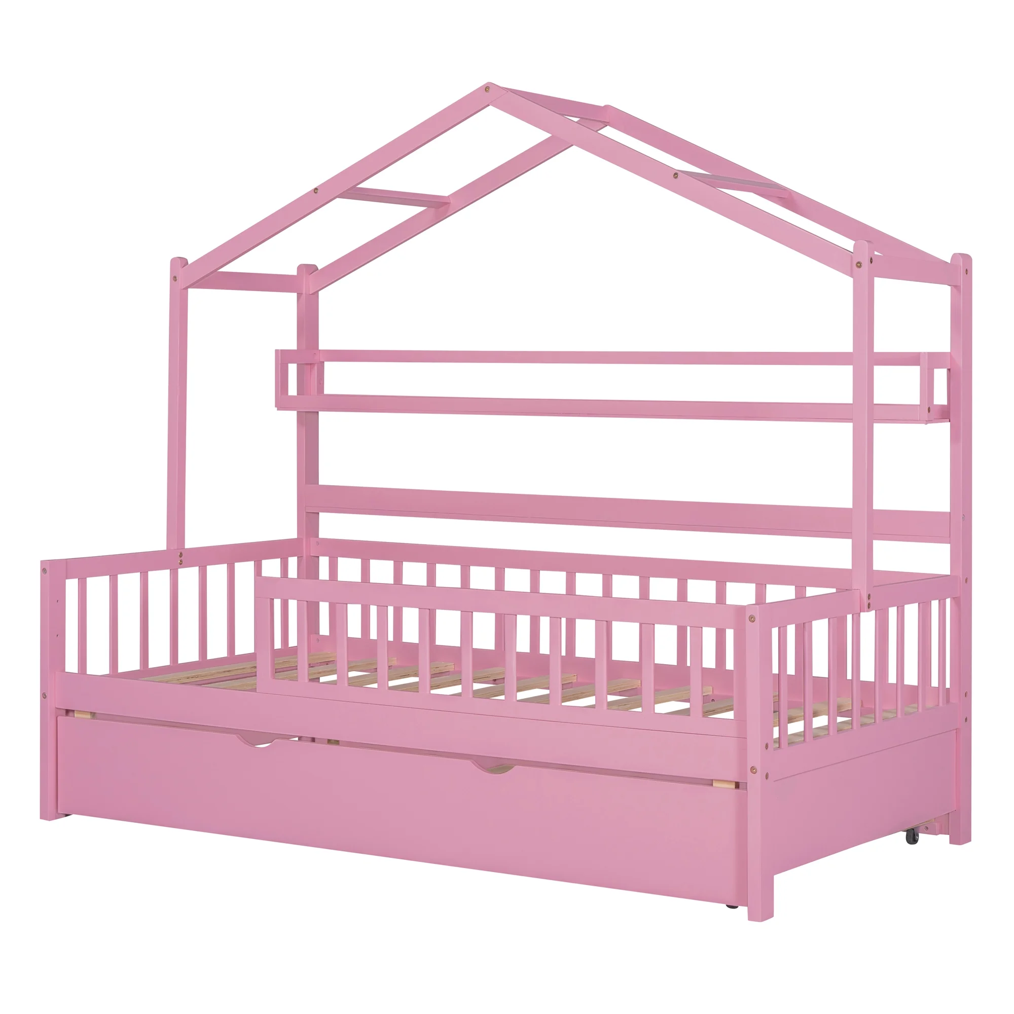 Docooler Pink Wooden Twin Size House Bed with Trundle, Kids Bed with Shelf Perfect for Playful Bedrooms