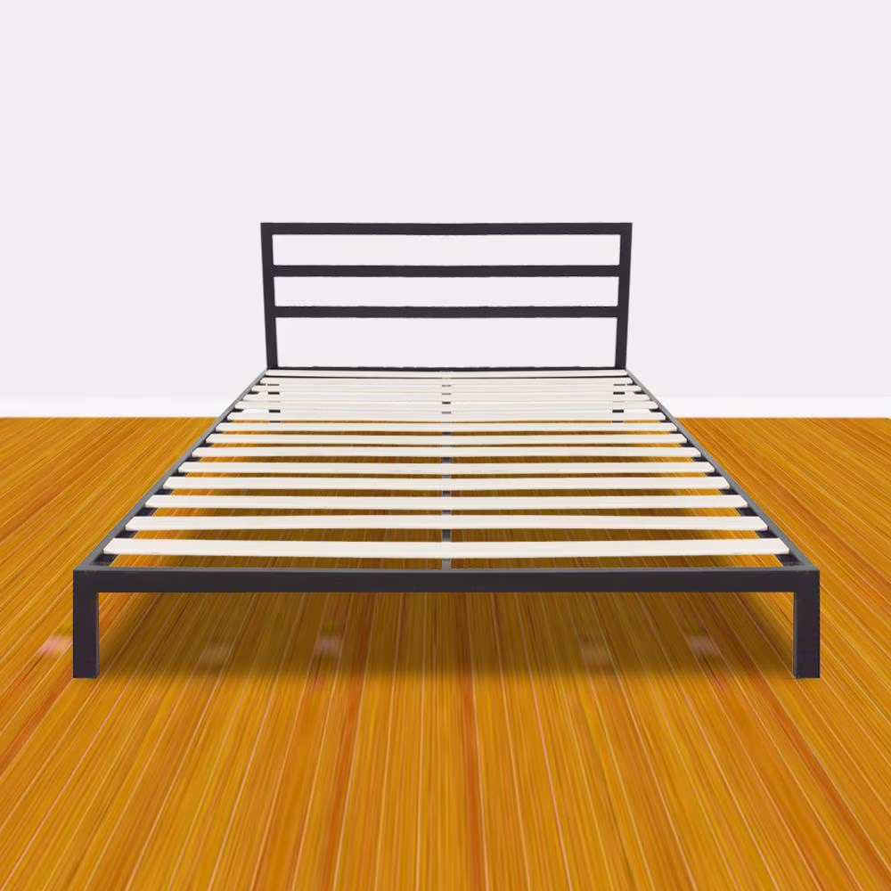 SalonMore Queen Size Square Horizontal Bar Head of Bed Iron Bed,with Headboard and Wooden Slat Support Black
