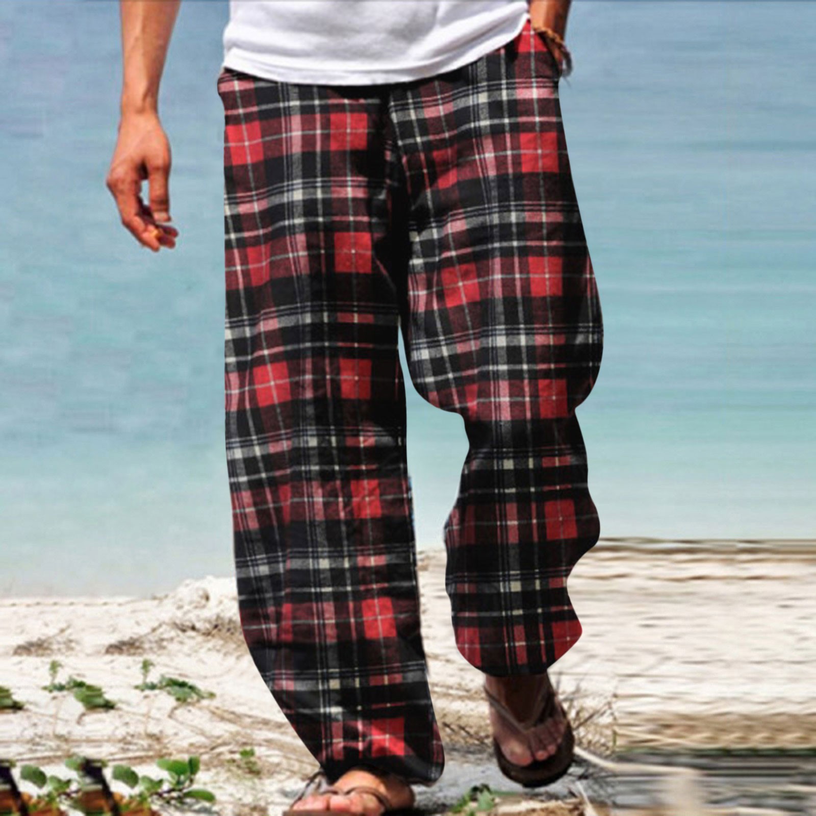 Mens Classic Plaid Print Sunshine Chiffon Double Pocket Stretch Breathable Thermal Insulation Comfortable Loose Casual Trousers Cargo Pants Men Xl