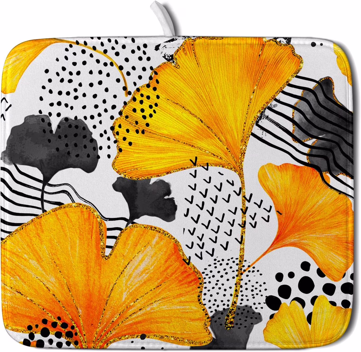 Wellsay Ginkgo Leaf Dishes Drying Mat - Watercolor Orange Gray Leaves Dish Draining Mat Fall Botanical Plants Drying Mats for Kitchen Counter Protector Reversible Dots Dishes Pad 16 x 18 Inch