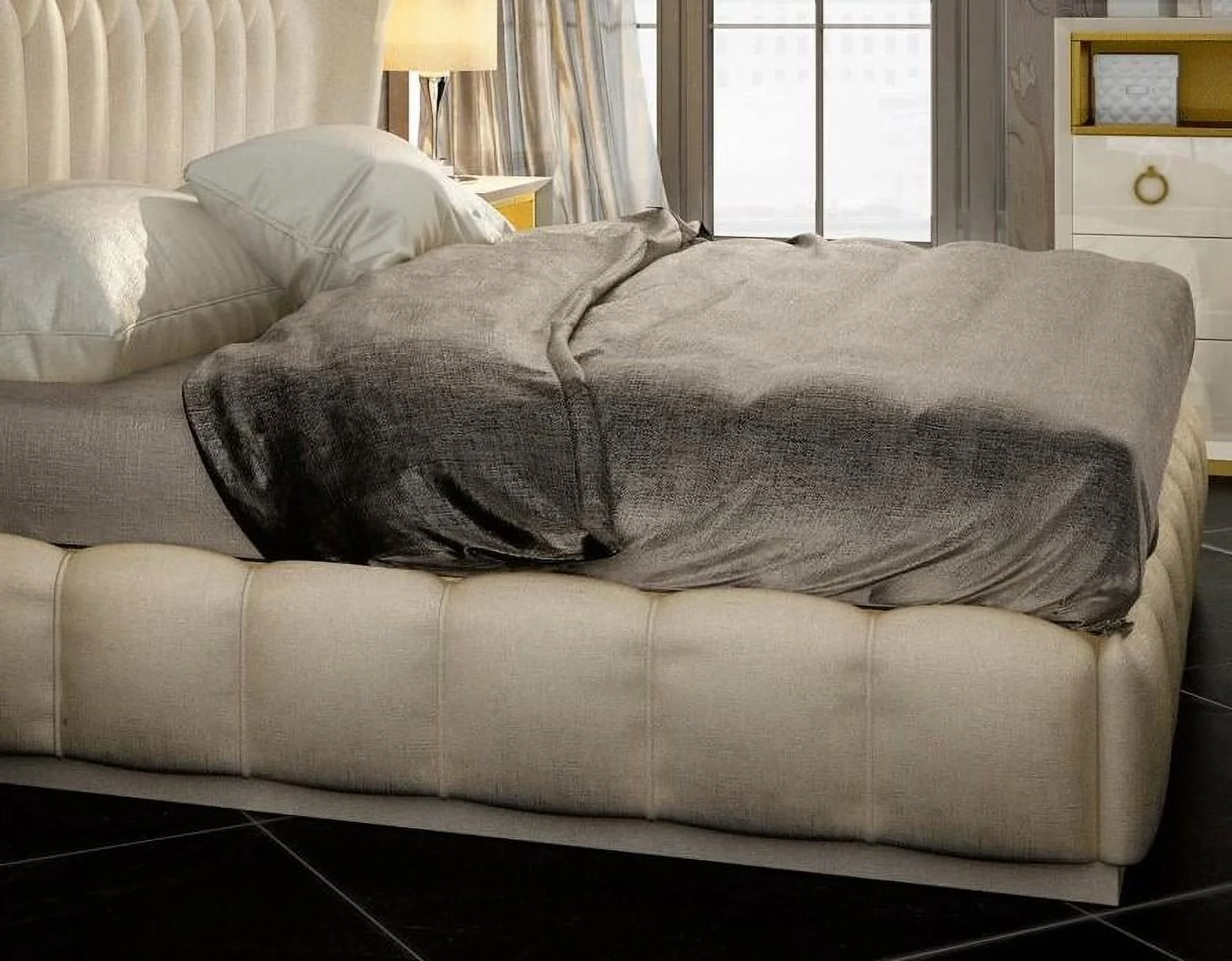 Beige Eco Leather Tufted King Bed Modern Made in Spain Soflex Velvet