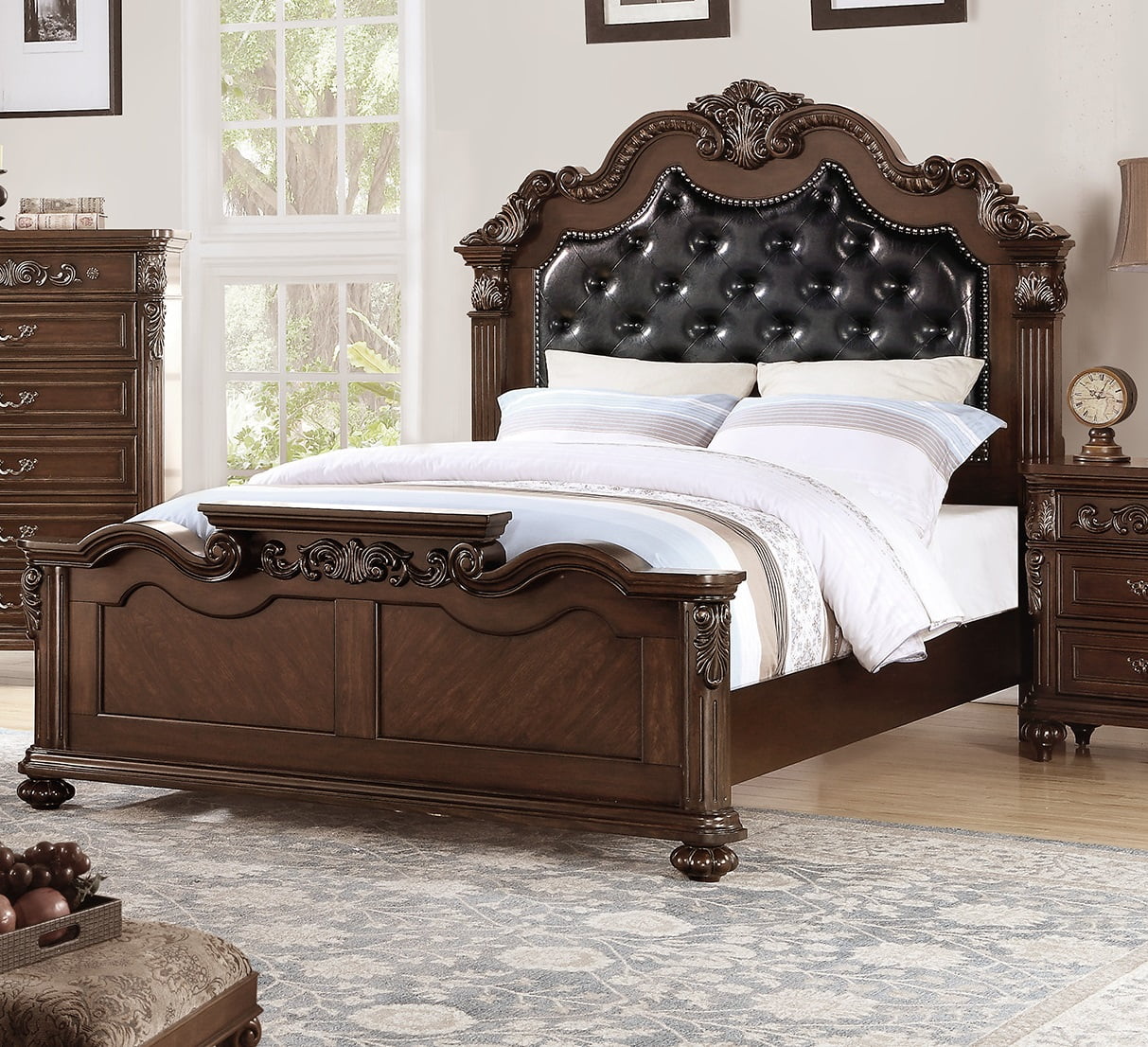 Dark Brown Eastern King Size Bed Faux Leather Tufted Headboard Floral Design Bedframe Bedroom 1pcs bed