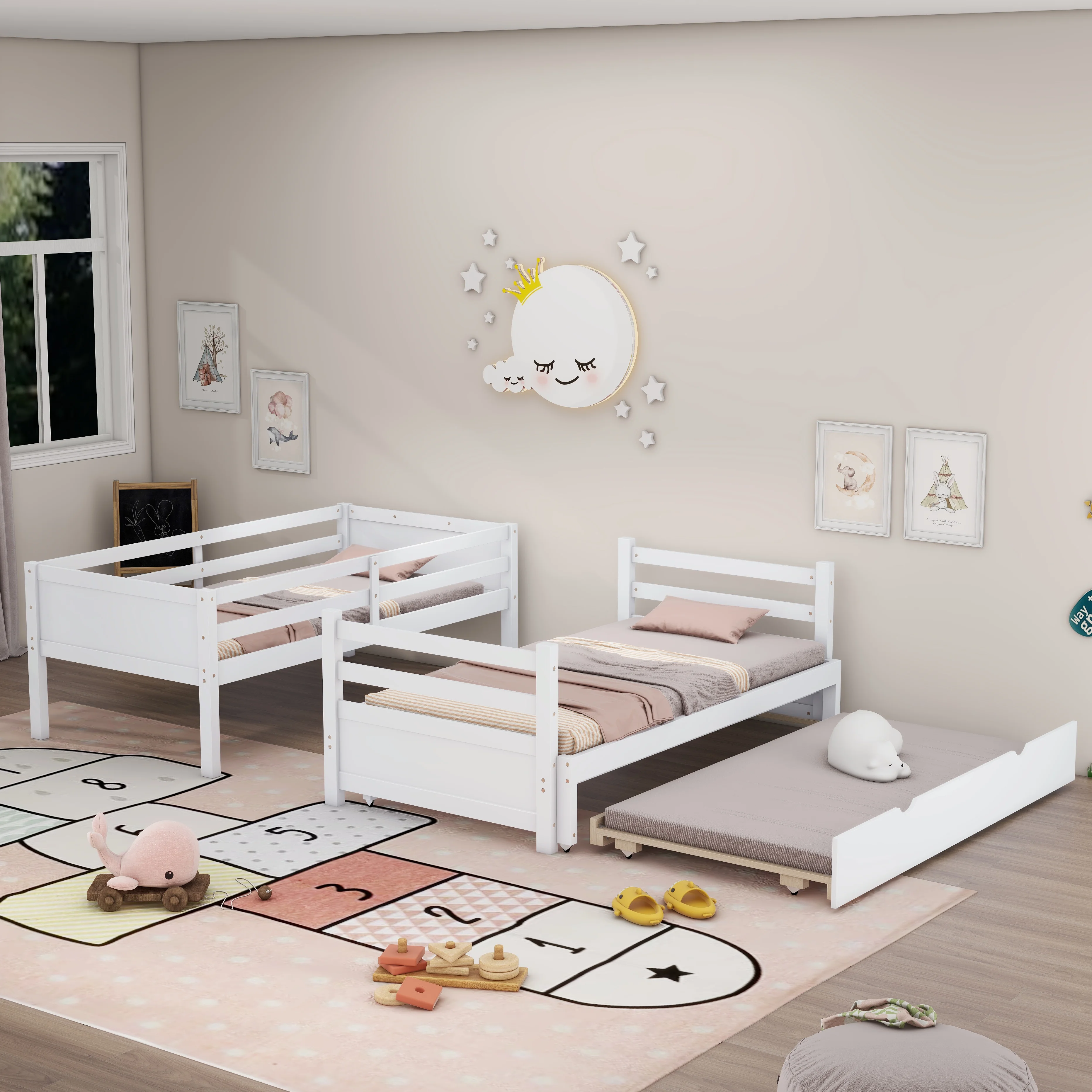 Suitable for kids Twin over Pull-out Bunk Bed with Trundle, White