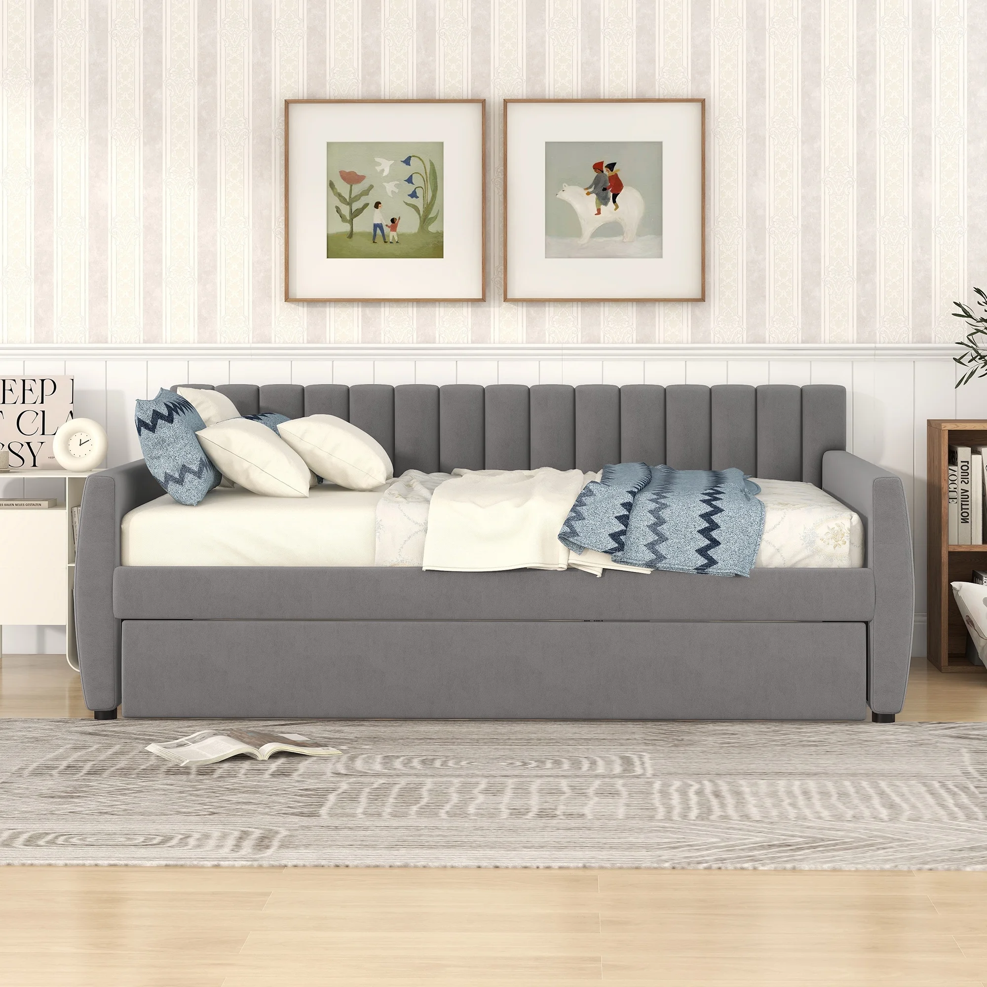 CoSoTower Full Size Upholstered Daybed with Trundle and Wood Slat Support, Gray